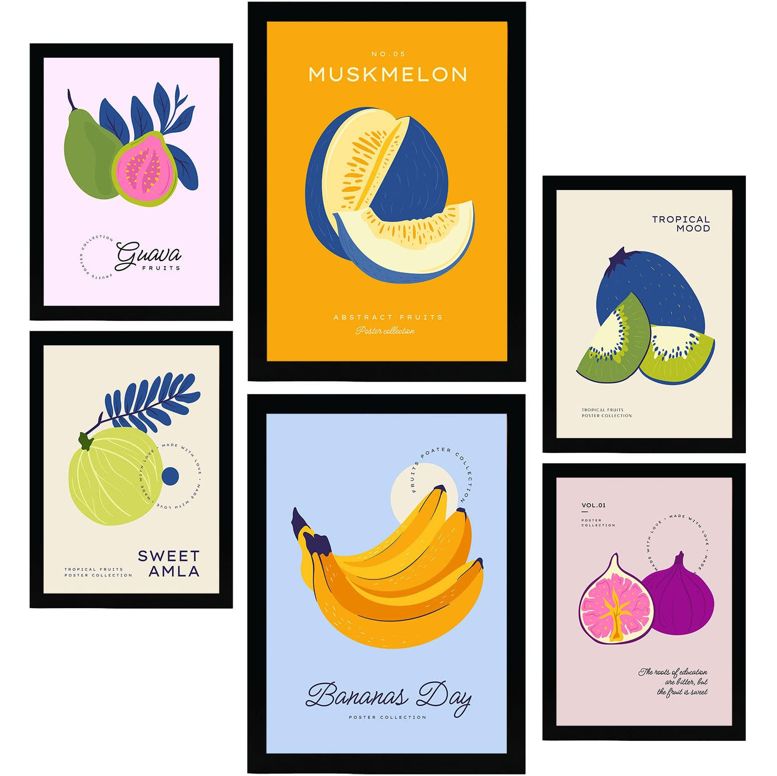 POSTER Set Mit 6 Lebensmittel Und Ernährungs Tropische Früchte A3 & A4 Schwarzer Rahmen - Schwarz, Papier (29/3cm) - Nacnic