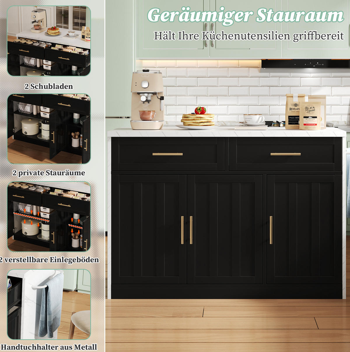 KÜCHENINSEL mit Barbereich 120 x 60 x 91 cm Schwarz - Schwarz, Holz (60/91/120cm) - Beauniv