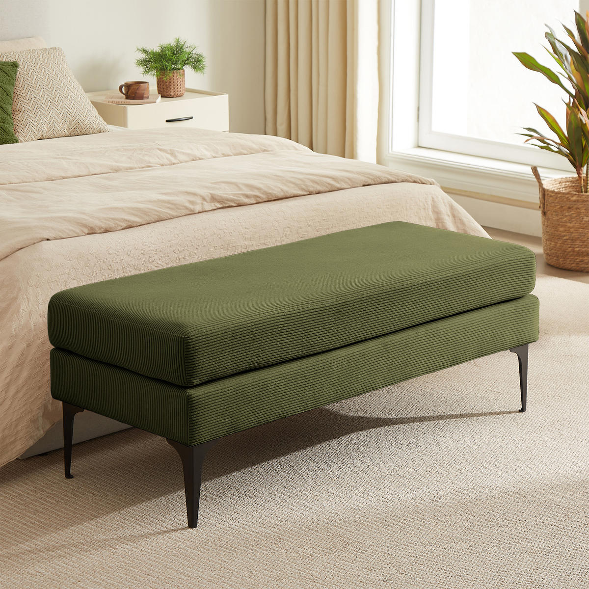 BANK/BETTENDE Max Khaki Cord - Schwarz/Grün, Holz/Textil (119/44.5/50.5cm) - Sicaan