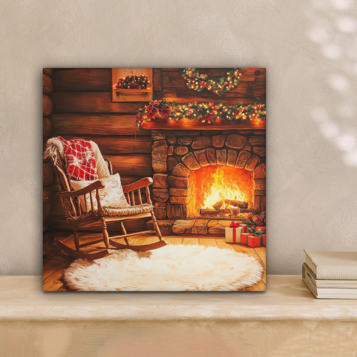LEINWANDBILD Winter - Weihnachten - Zuhause - Kamin Deko Wohnzimmer 20x20 cm - Bernsteinfarben, Textil (20/20cm) - MuchoWow