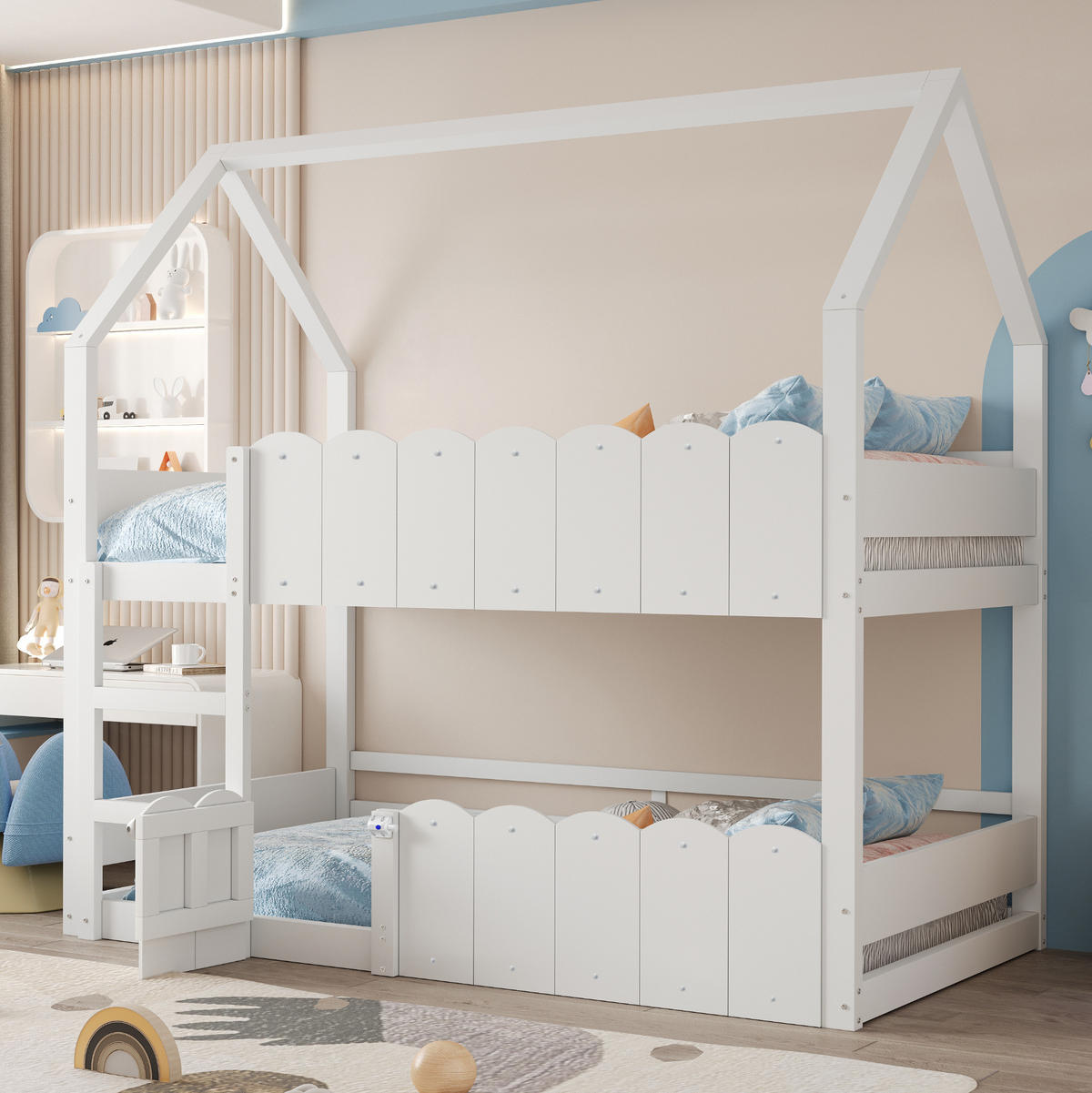 ETAGENBETT 90/200 cm aus Holz mit Sicherheitsgeländern Weiß - Weiß, Holz (90/200cm) - OKMYHOME