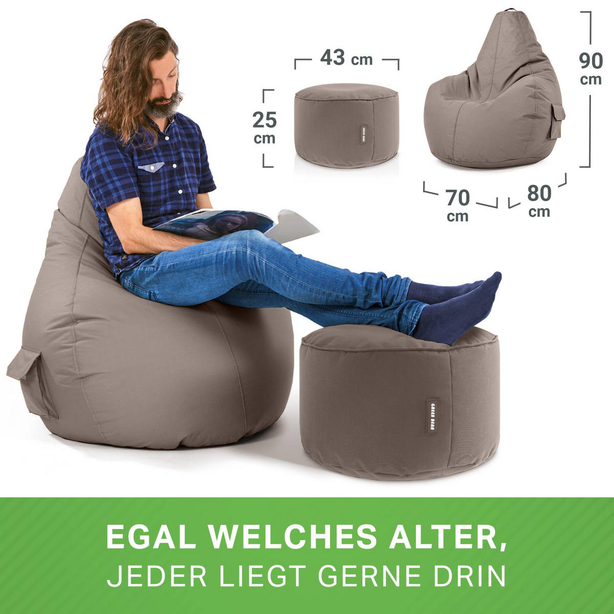 SITZSACK + Hocker "Cozy+Stay" 2er Set - Braun, Textil (70/90/80cm) - Green Bean