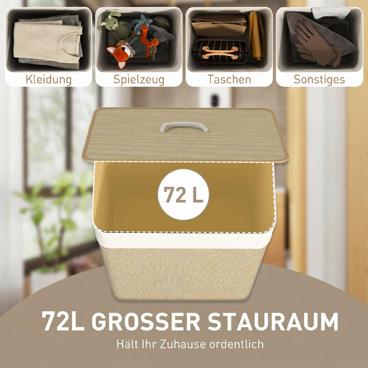 BAMBUS Wäschekorb mit Deckel 72 L Wäschesammler mit Seilgriffen Naturholz - Creme/Naturfarben, Naturmaterialien/Textil (30/60/40cm) - HOMCOM