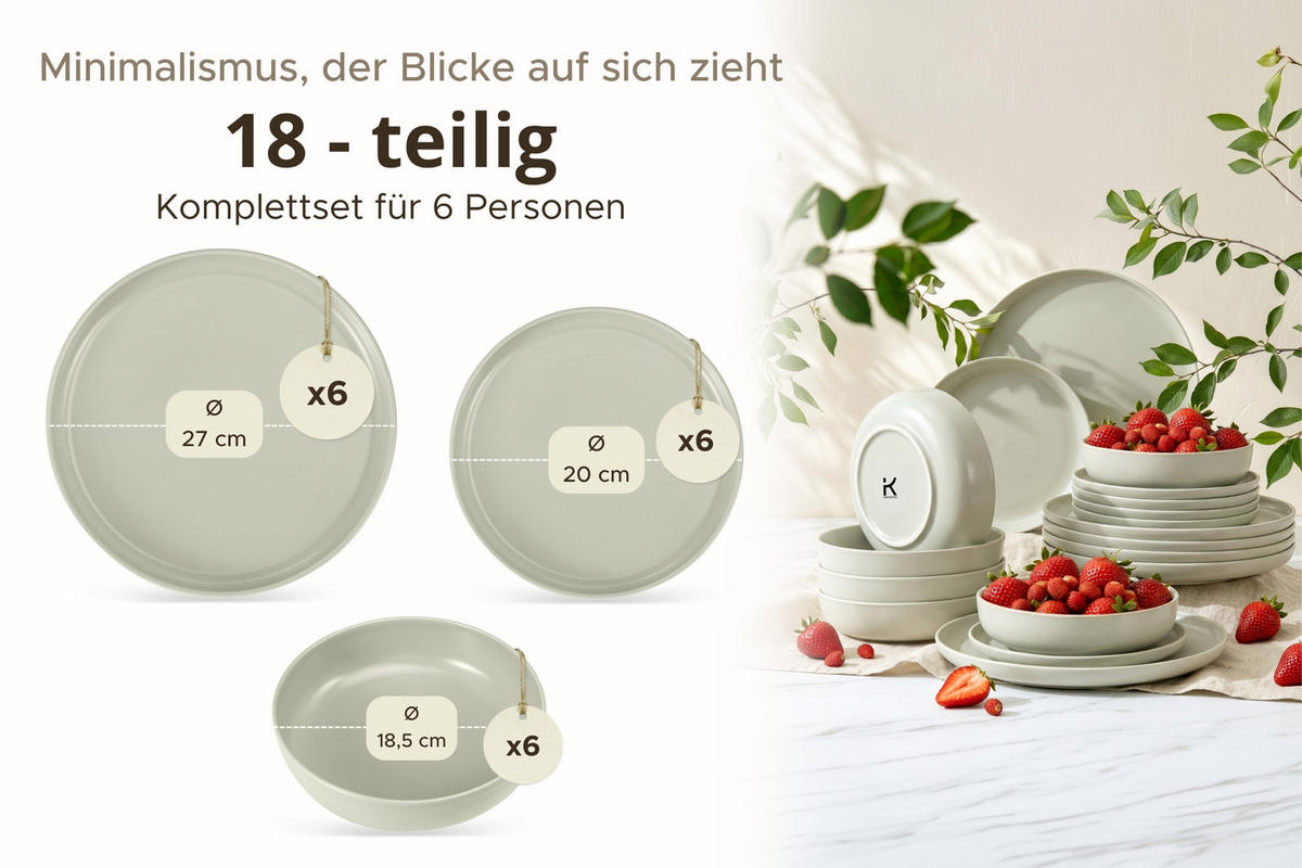 TAFELSERVICE VICTO 6 Personen 18-tlg matt beige/grün/grau - Beige/Grau, Keramik (27/2/27cm) - KONSIMO®