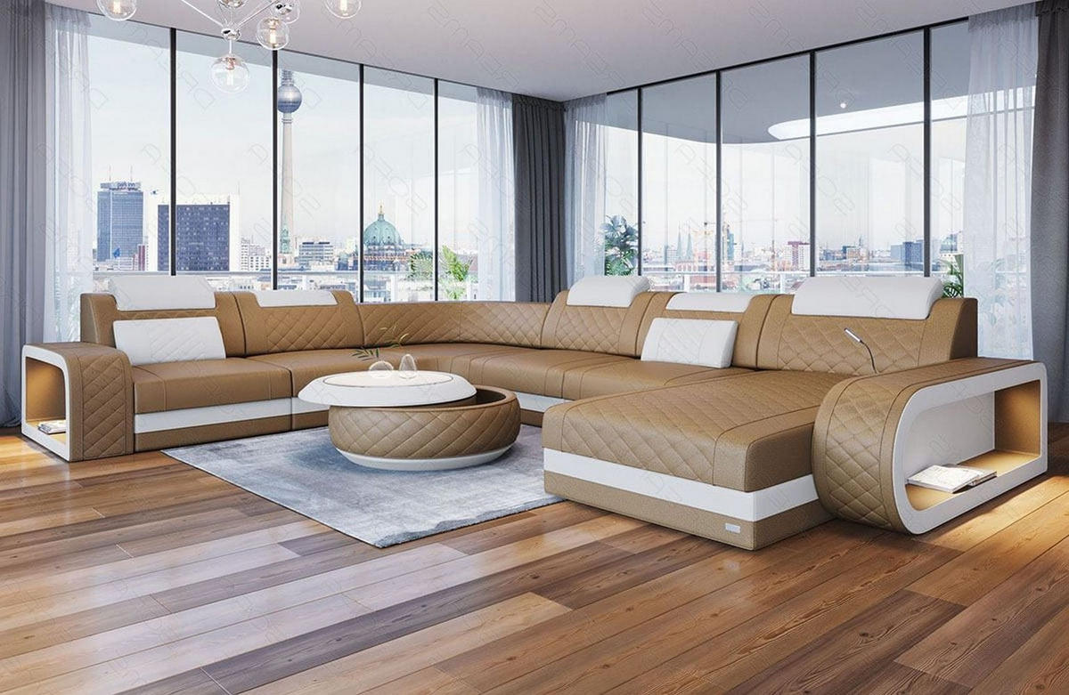 WOHNLANDSCHAFT Berlin U-Form Mini Sandbeige Weiß Kunstleder - Sandfarben, Textil (264/80/362cm)