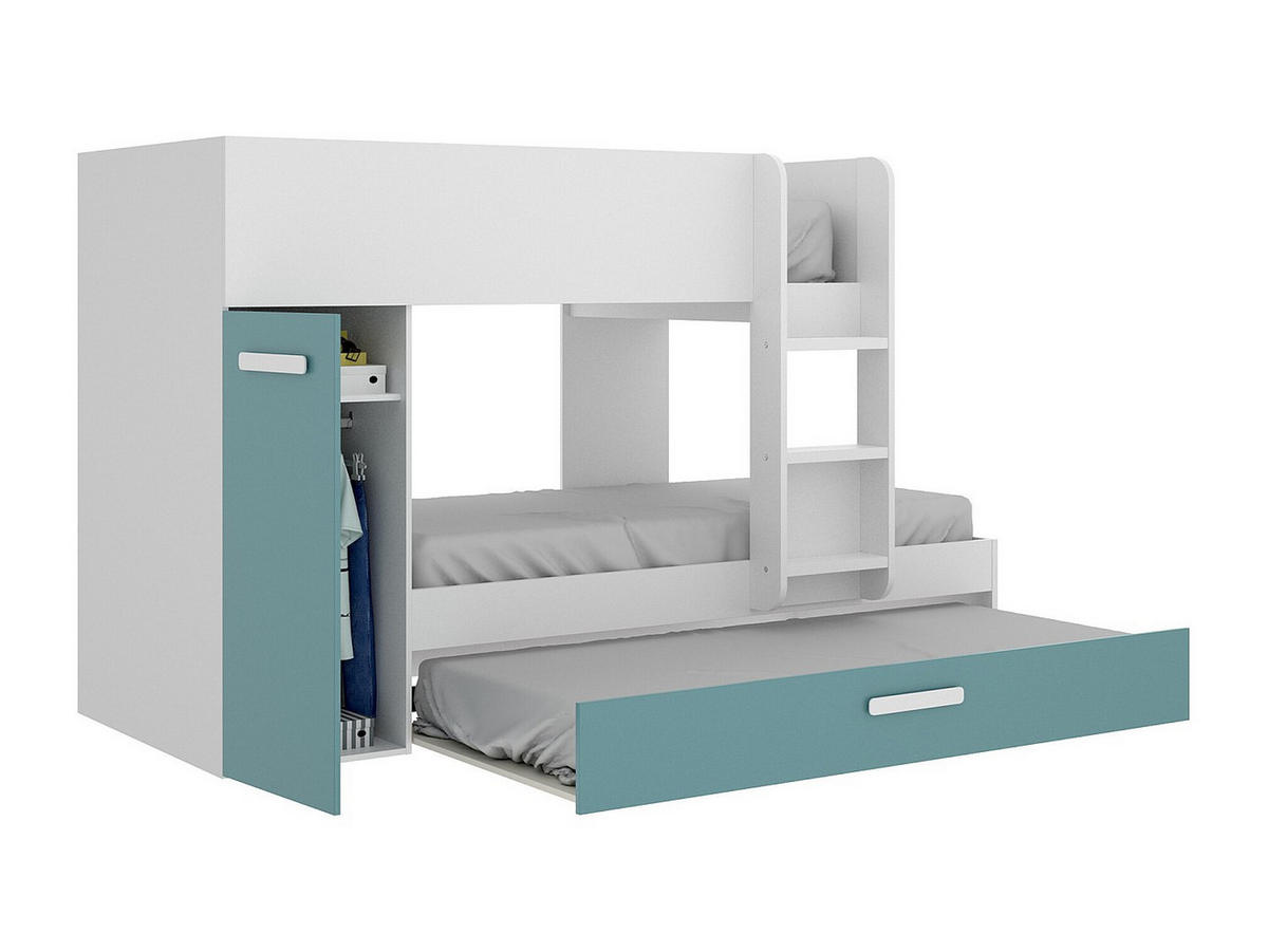 ETAGENBETT Ausziehbett mit Stauraum - 3x 90 x 190 cm - Weiß, Naturfarben & Blau - ANTHONY - Blau, Holz (97/243cm) - Vente-Unique