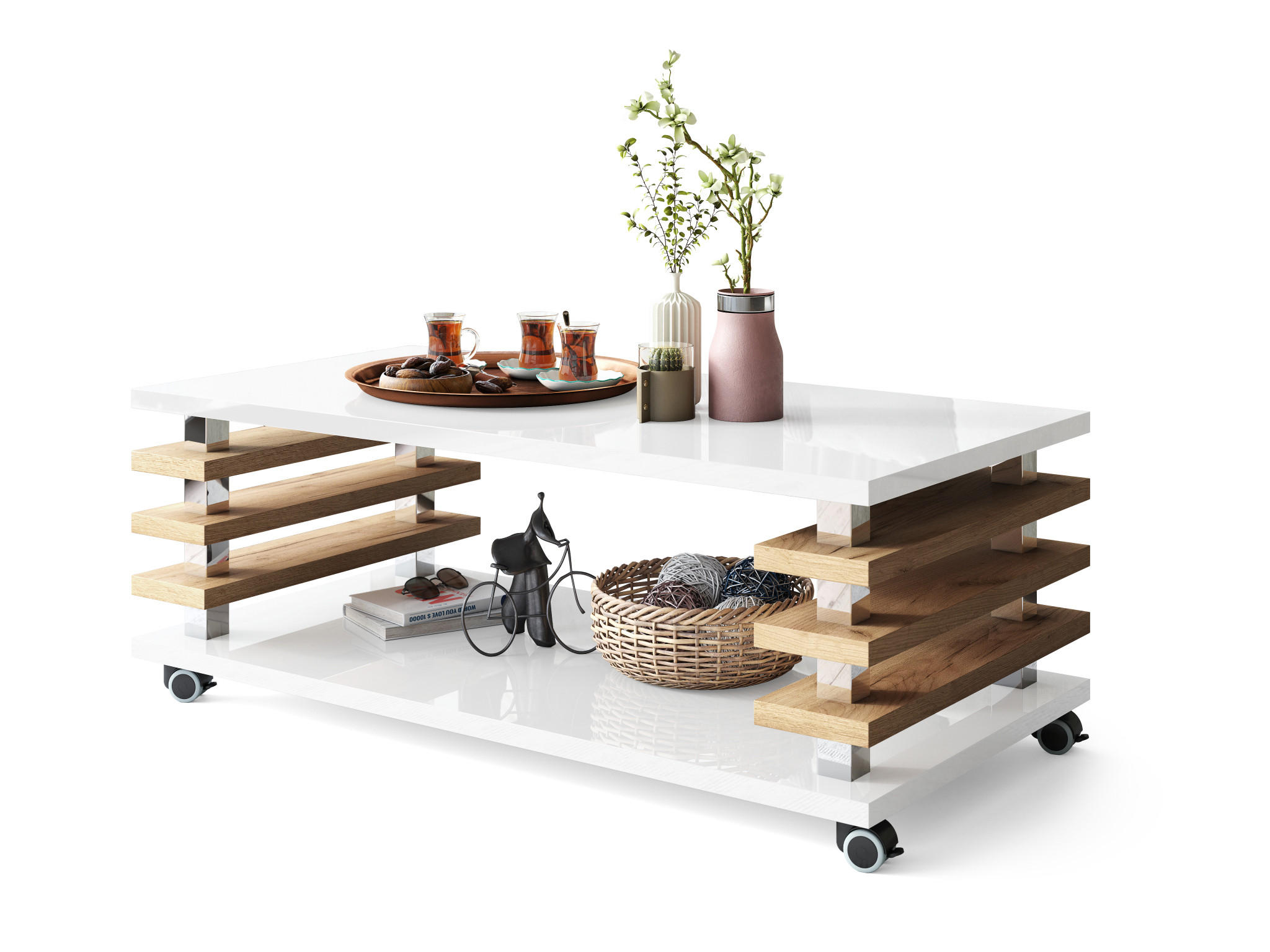 designimpex Couchtisch Weiß Hochglanz, Eiche 120x45x60 cm