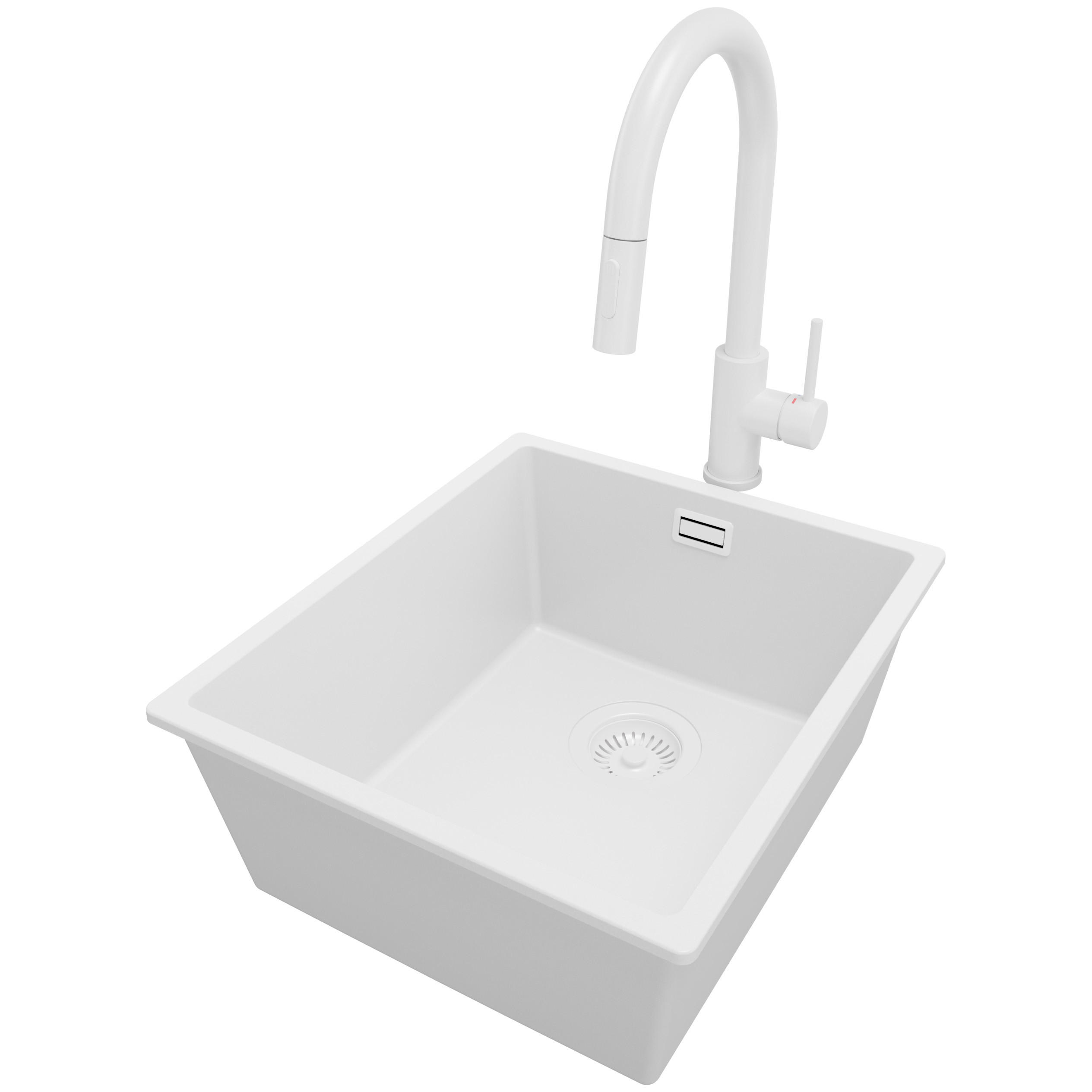 GRANITSPÜLE London Slim, 2-er set Alles Weiß 41/47 cm 1 Becken + Küchenarmatur 40/20 cm + Ablauf-Set ab 45er Unterschrank - Weiß, Kunststoff (41/20/47cm) - Primagran