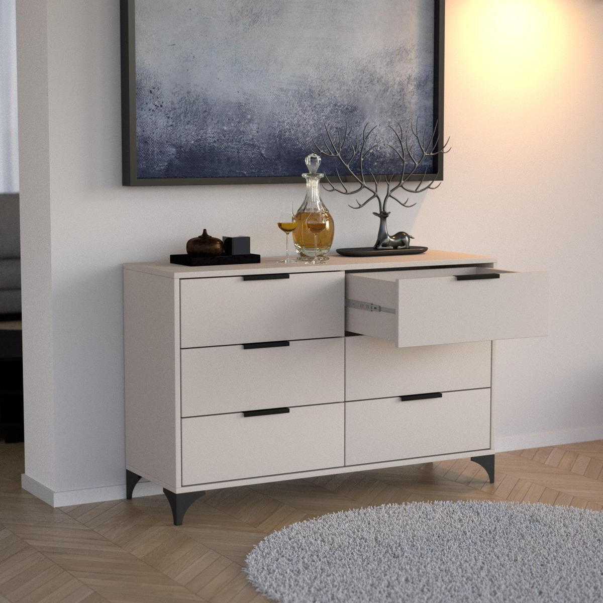 KOMMODE Home mit 6 Schubladen, 120 cm, mit Griffen, Kaschmir - Kaschmir/Schwarz, Holzwerkstoff (120/80/40cm) - Beautysofa