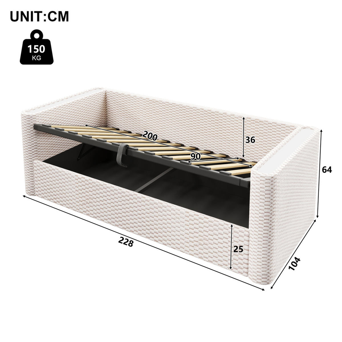 BETT 90/200 cm Beige aus Samt und MDF mit LED-Beleuchtung und Stauraum - Beige, Textil (90/200cm) - OKMYHOME