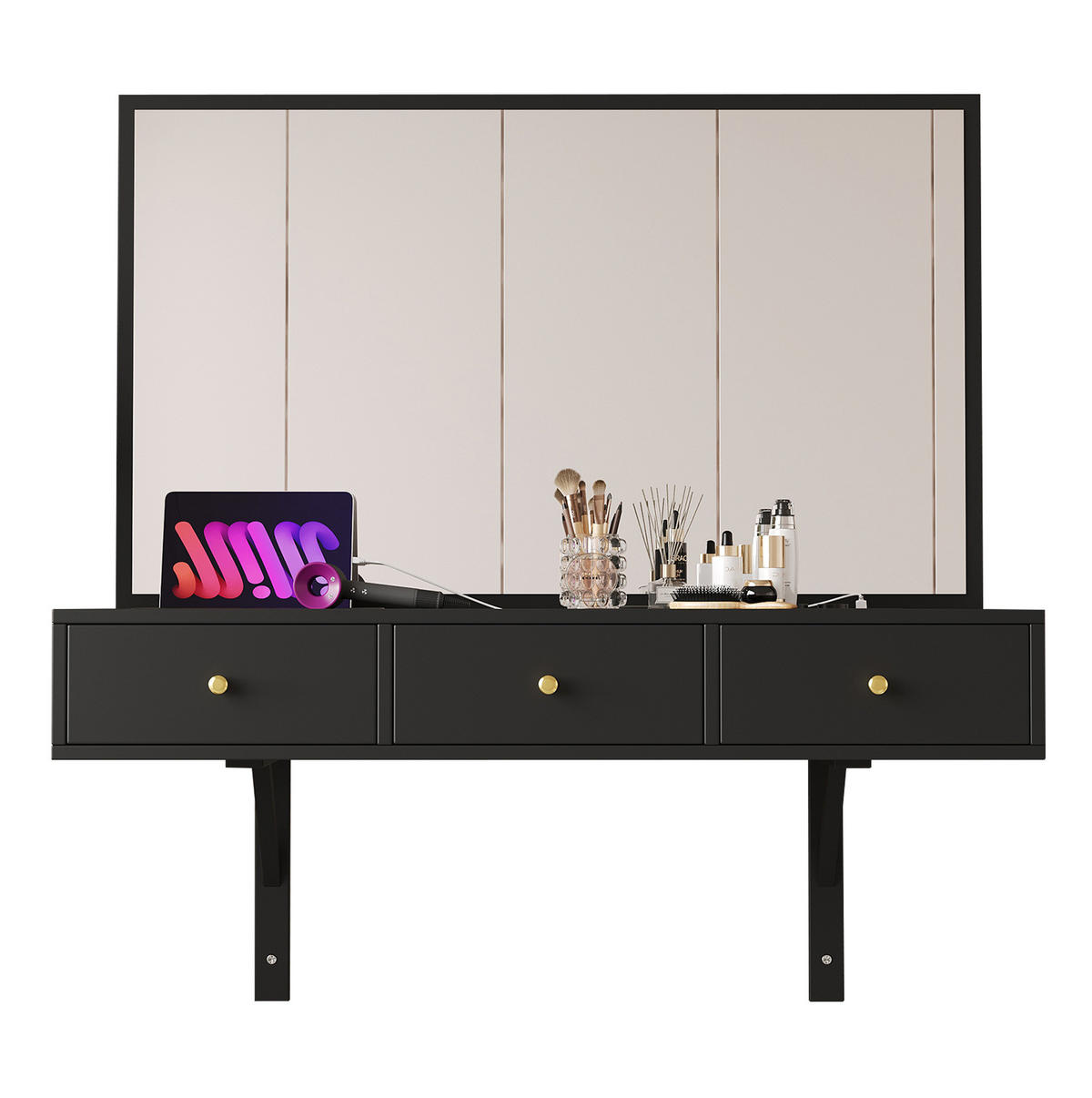 SCHMINKTISCH 100/45/105 cm mit Spiegel, 3 Schubladen, Steckdosenleiste und Getränkehalter, Schwarz - Schwarz, Holzwerkstoff (45/105/100cm) - Redom