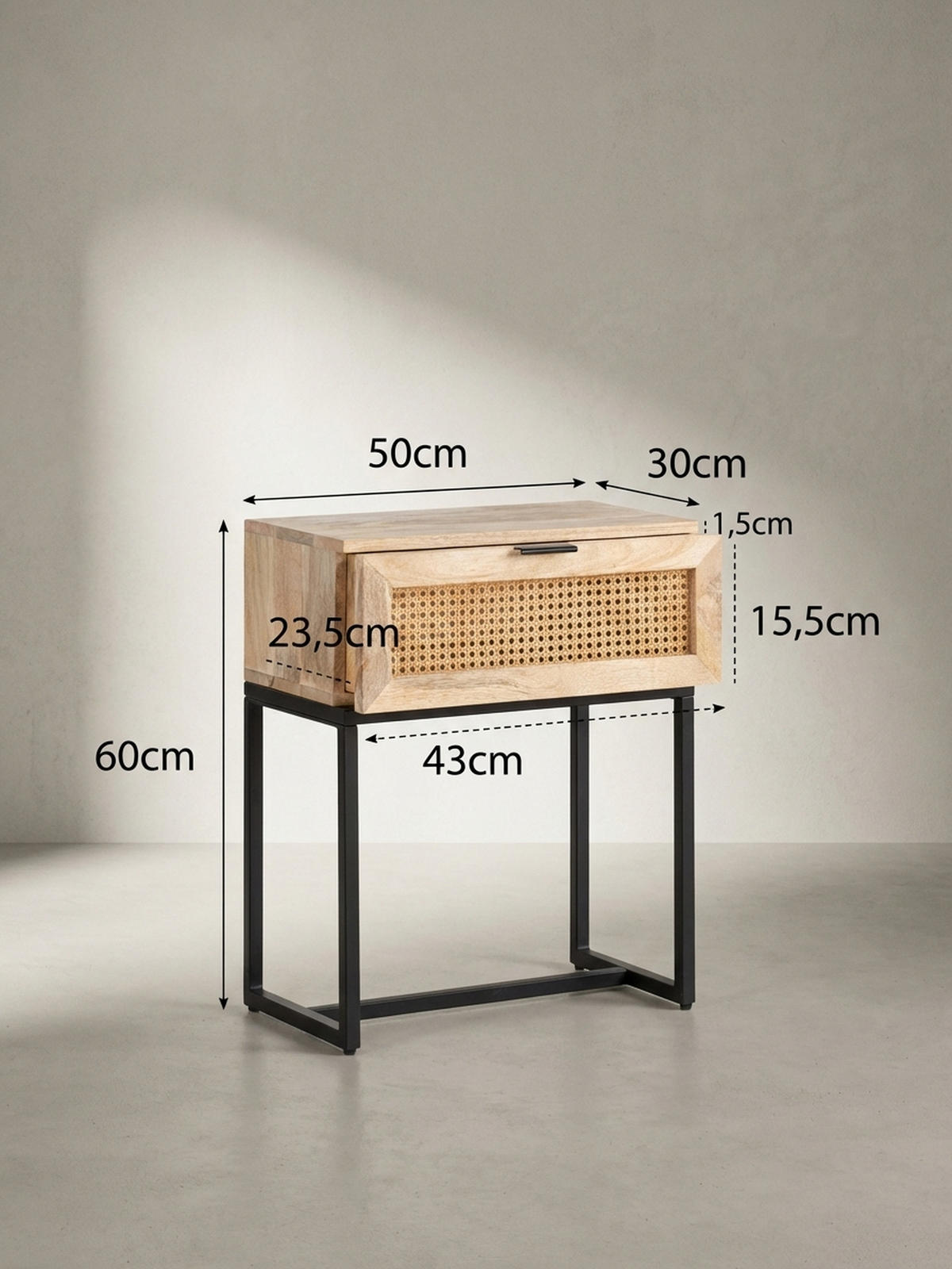 NACHTTISCH – Mango Massivholz/Rattan, 50x60x30 cm, 1 Schublade, Wiener Geflecht - Schwarz/Braun, Holz/Metall (50/60/30cm) - KADIMA DESIGN