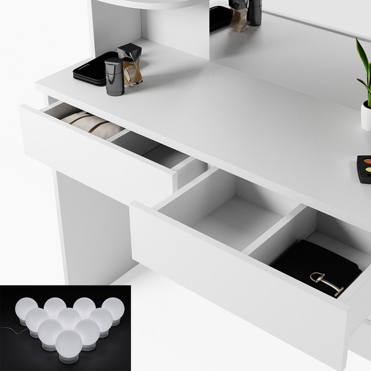 SCHMINKTISCH Charlotte Weiß 108 cm mit LED Beleuchtung und Bank - Weiß, Holzwerkstoff (108/139/40cm) - Vicco