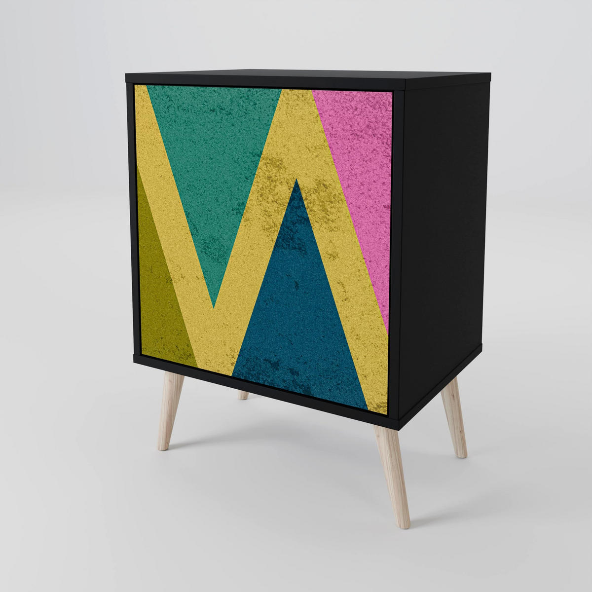 SIDEBOARD COLORFUL TRIANGLES, Schwarz, 57,5x42x70,5 cm, Schwarze Metall-Sternfüße - Multicolor/Schwarz, Holzwerkstoff/Metall (57.5/70.5/42cm) - SpaceRebels
