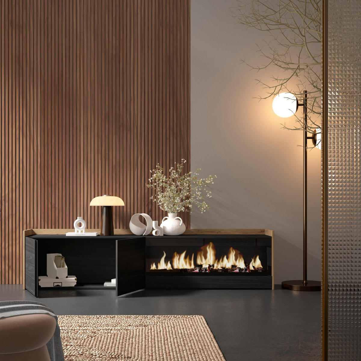 LOWBOARD, Schwarz und Eiche, 212/35/50cm, Kamin mit Feuereffekt XXL - Schwarz, Holzwerkstoff (212/50/35cm) - Skraut Home