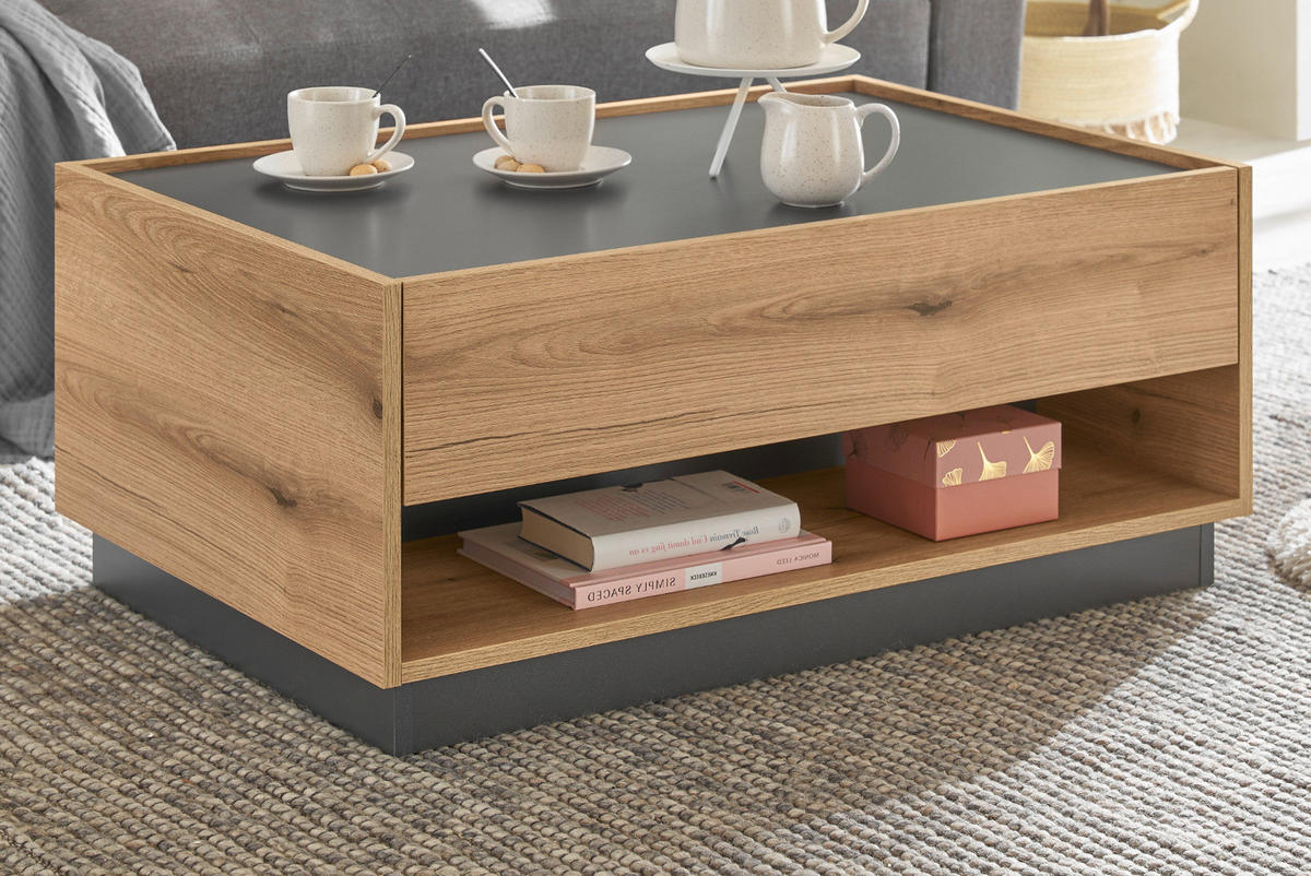 COUCHTISCH Eiche Evoke, grau 90 x 60 cm, Wohnzimmertisch mit Stauraum - Schwarz/Naturfarben, Holz/Holzwerkstoff (90/90/1cm) - Furn.Design