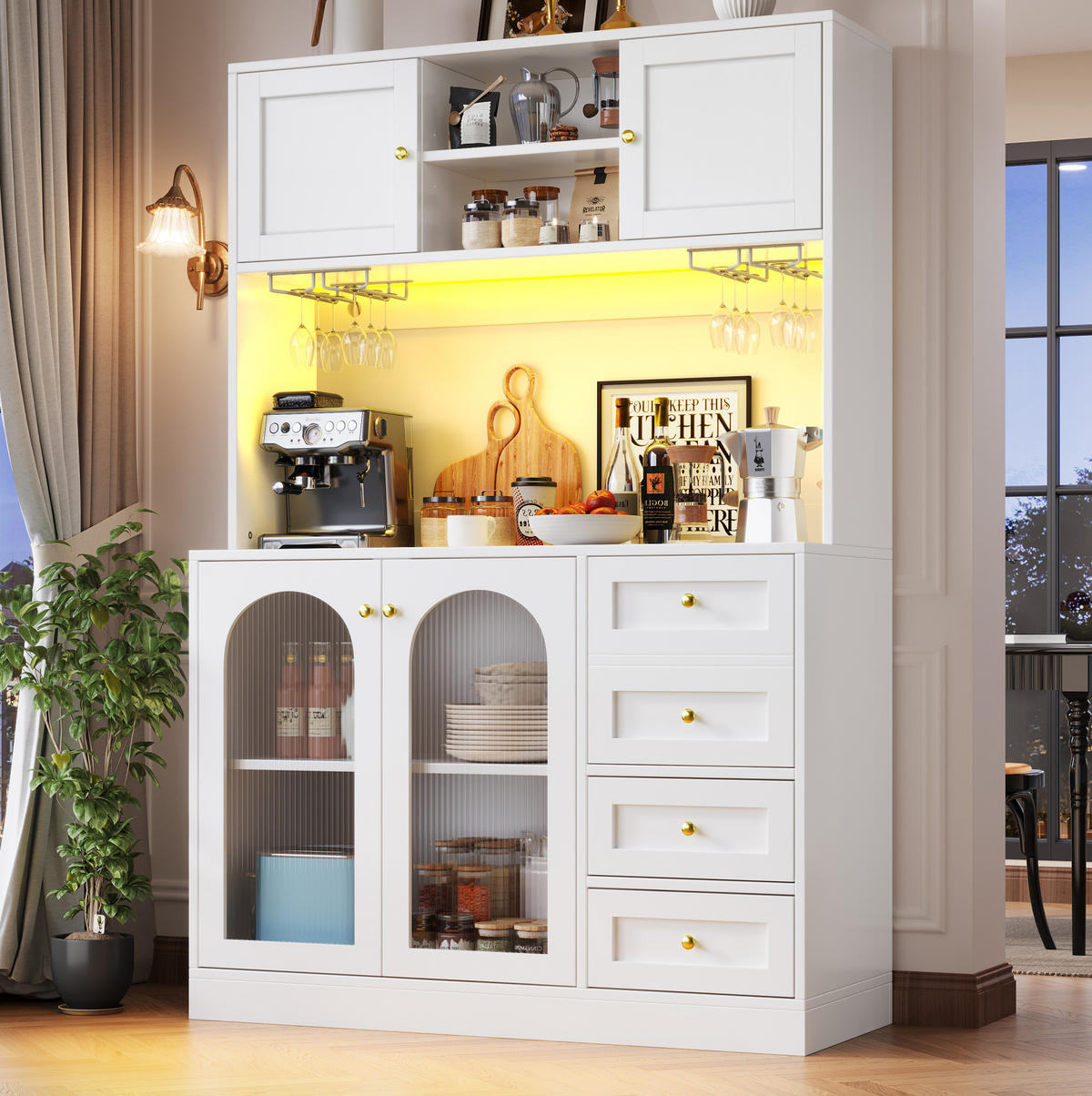 BUFFET 120/40/188 cm in Weiß mit LED-Beleuchtung und Fluted-Glas - Weiß, Holzwerkstoff (120/188/40cm) - Flora Grace