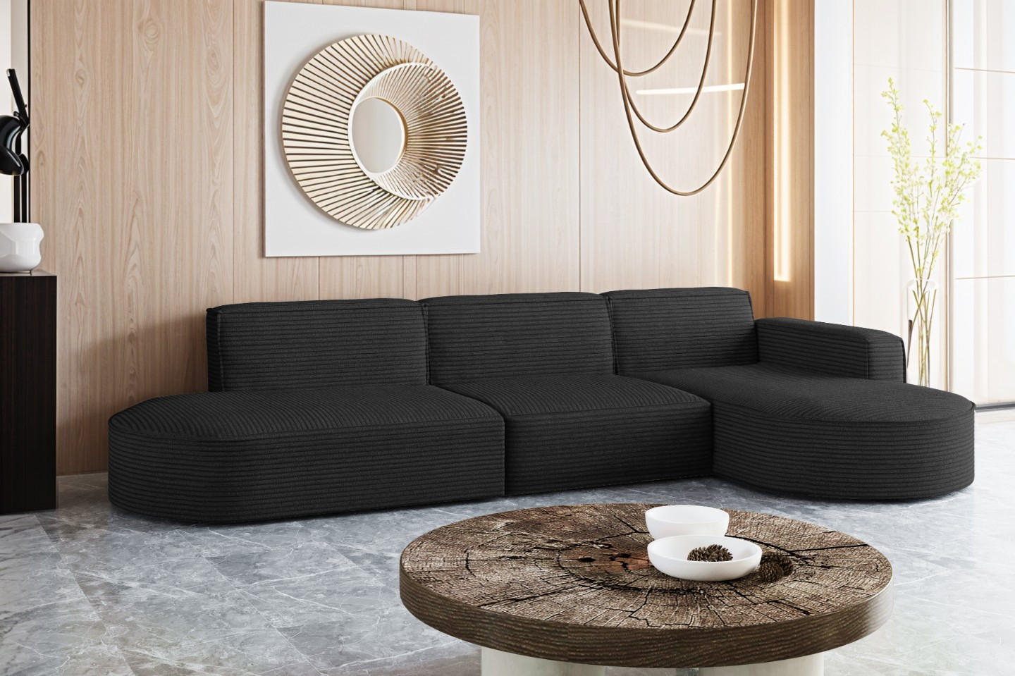 ECKSOFA Designer, Sofa L form MODENA 302 cm stoff Poso Schwarz Rechts - Schwarz, Holz (302/296cm) - Kaiser Möbel