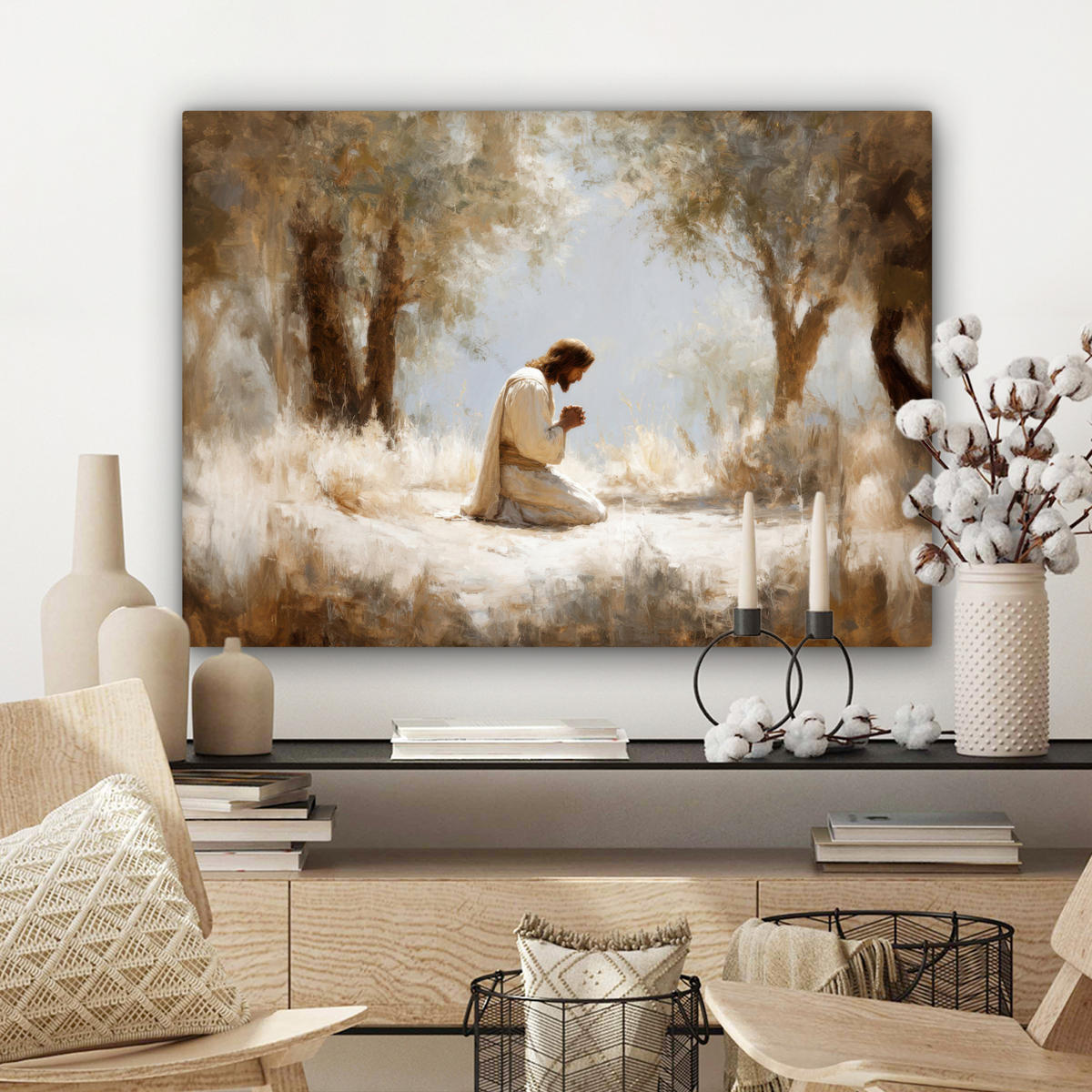 LEINWANDBILD Jesus - Kniend - Waldlandschaft - Betend Wandbilder 80x60 cm - Beige/Hellblau, Textil (80/60cm) - MuchoWow