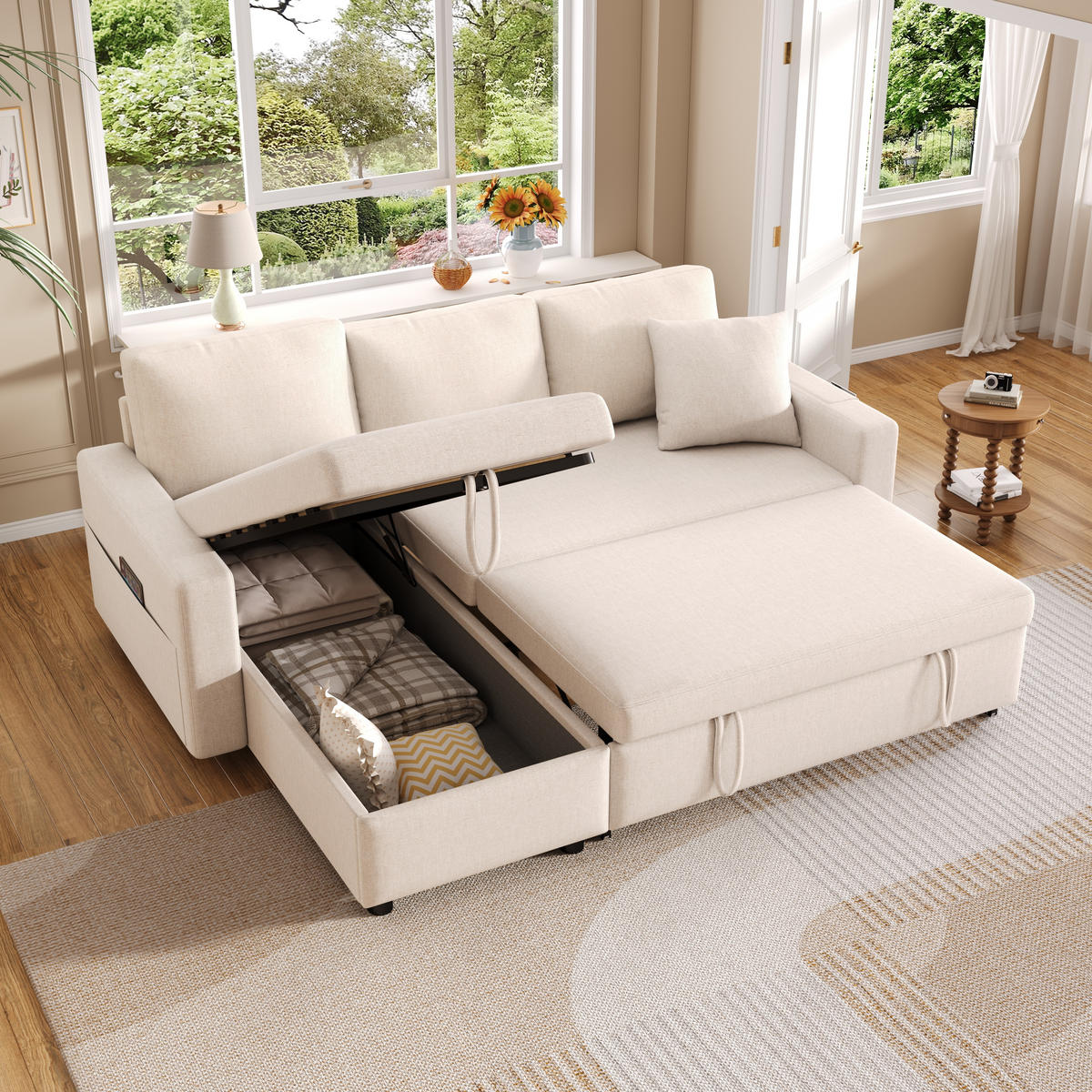 SCHLAFSOFA Leinen mit Stauraum und wechselbarer Chaiselongue Beige 219,5/142,5/83 cm - Beige, Textil (83/219.5/142.5cm) - Redom