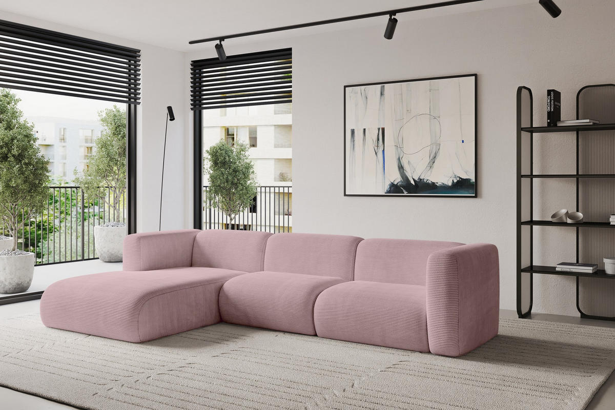 ECKSOFA Ottomane Links MIRA-L1 227x179x89 Rosa Cord - Schwarz/Rosa, Holzwerkstoff/Kunststoff (227/179cm) - ALTDECOR
