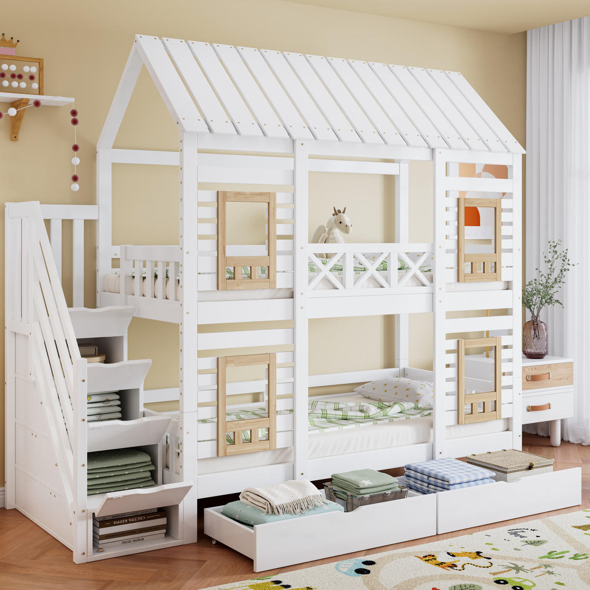 ETAGENBETT 90/200 cm mit Stauraumtreppe, Fenstern und 2 Schubladen, Weiß/Natur - Weiß, Holz (90/200cm) - Redom