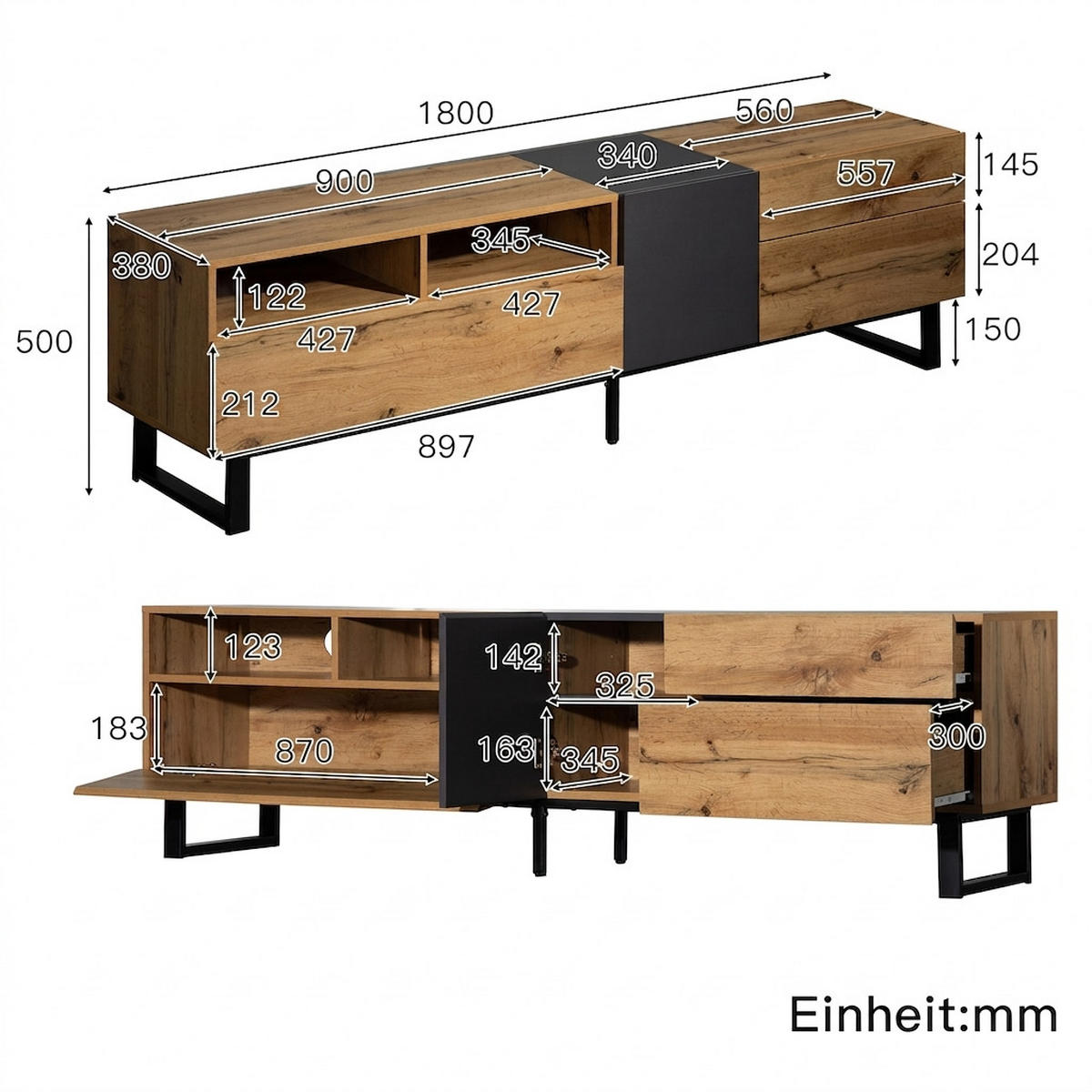TV-SCHRANK 180/38/50 cm Eiche Anthrazit Push-Open mit 2 Türen, 2 Schubladen - Eichefarben, Holzwerkstoff/Metall (180/50/38cm) - Oxeza