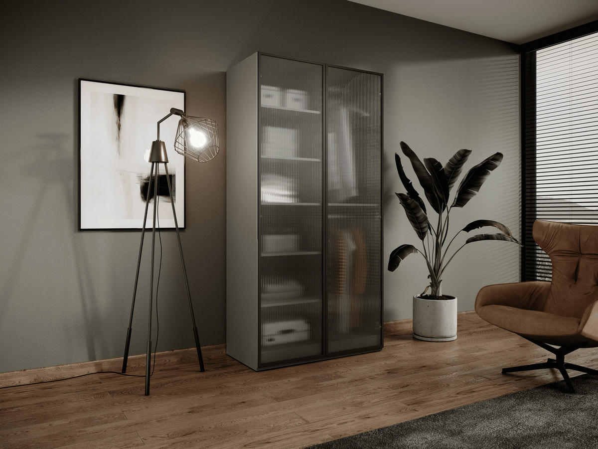 KLEIDERSCHRANK ZEN (Modular, Grau Matt, Geriffeltes Glas Flutes, 2-türig) - Schwarz/Grau, Holz/Holzwerkstoff (101/200/51cm) - Ravio