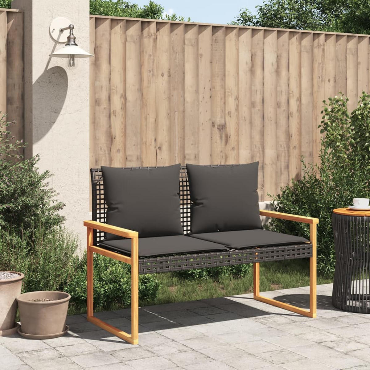 GARTENBANK mit Kissen Schwarz Poly Rattan Akazienholz - Schwarz, Kunststoff (119/79/61cm) - furnicato