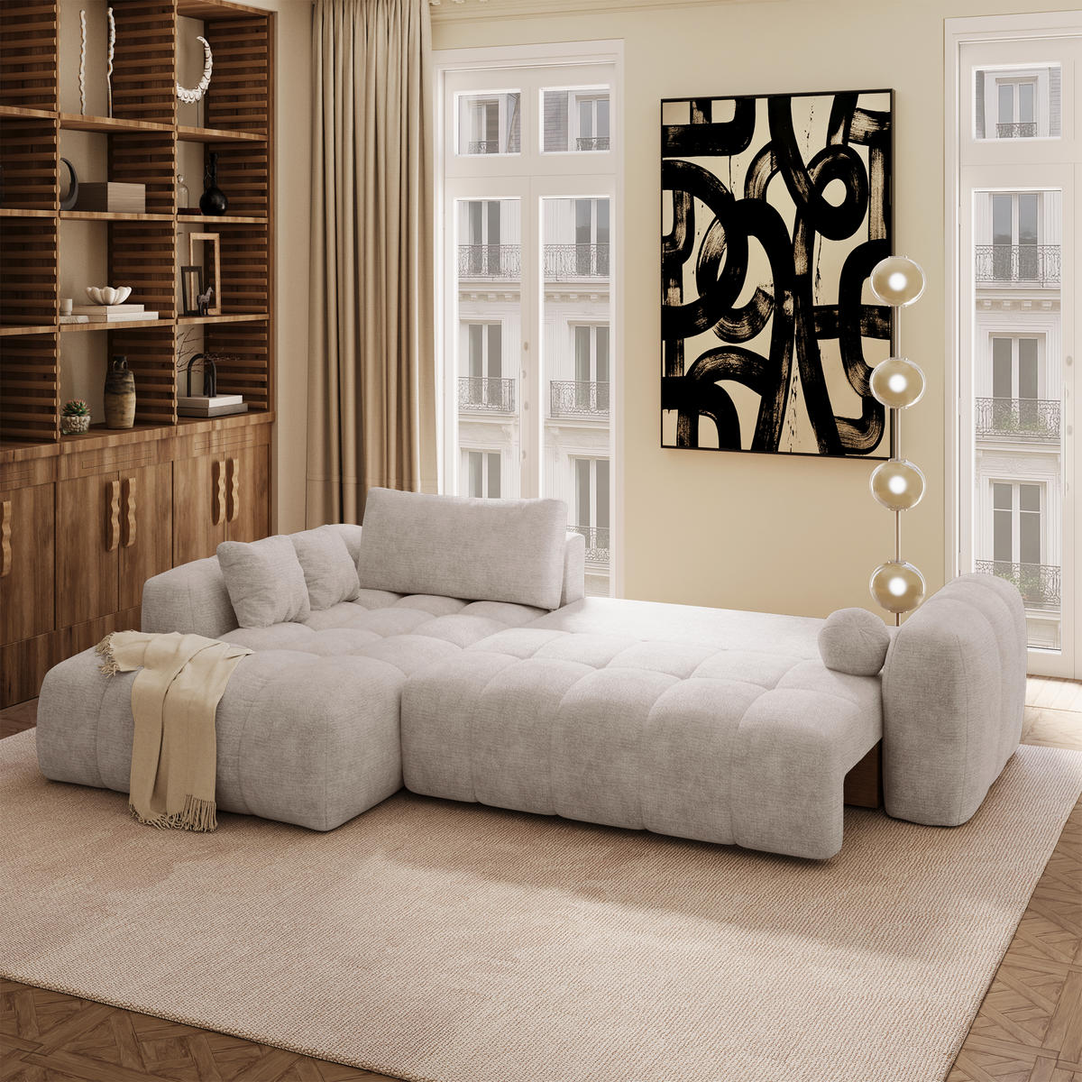 LINKSECK-SCHLAFSOFA mit Stauraum SKY Geprägter Samt Taupe 310cm - Taupe, Textil (310/180cm) - Premium Interiors
