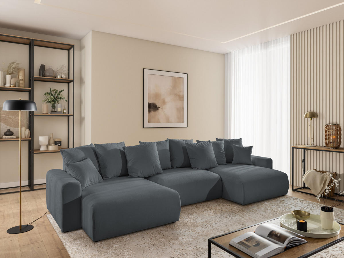 WOHNLANDSCHAFT Calma mit Schlaffunktion und Bettkasten im Bumpy-Design aus weichem Dunkelgrau Webstoff - Dunkelgrau/Schwarz, Holz/Textil (336/88/140cm) - S-Style