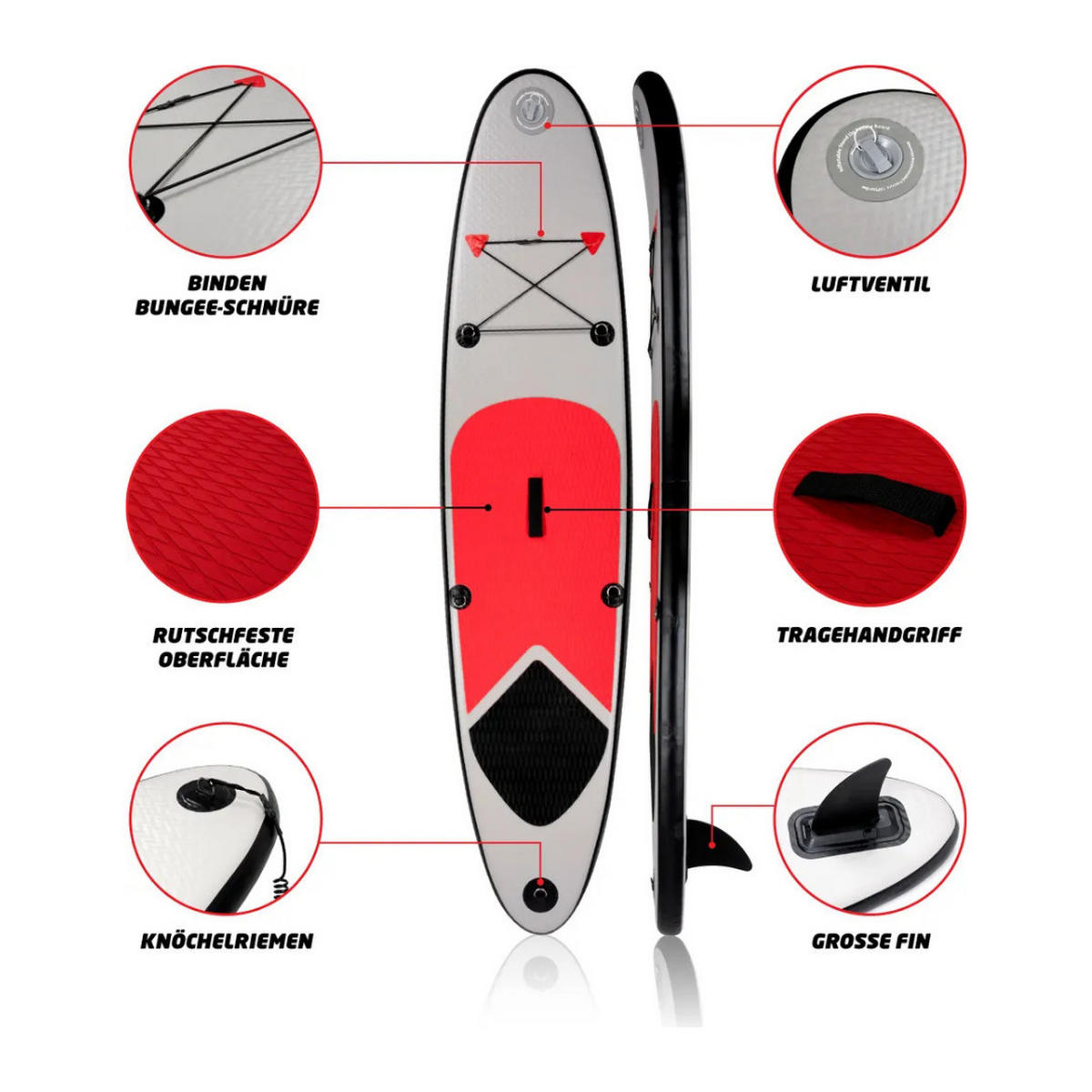SURFBOARD Aufblasbar 243 cm SUP Board Mit Tasche Pumpe Finne Bis 100 kg - Rot/Schwarz, Kunststoff (243/57/7cm) - JUNG