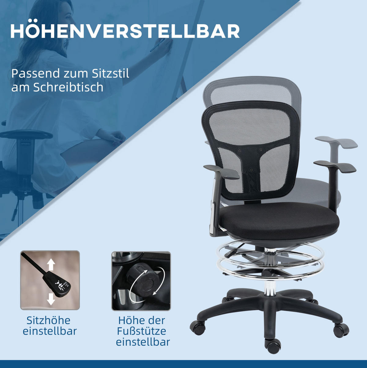 KANCELÁRSKA stolička 59/59/95-115 cm čierna z polyesteru s opierkou nôh a sklopnými podrúčkami - čierna, plast (59/115/59cm) - OKWISH