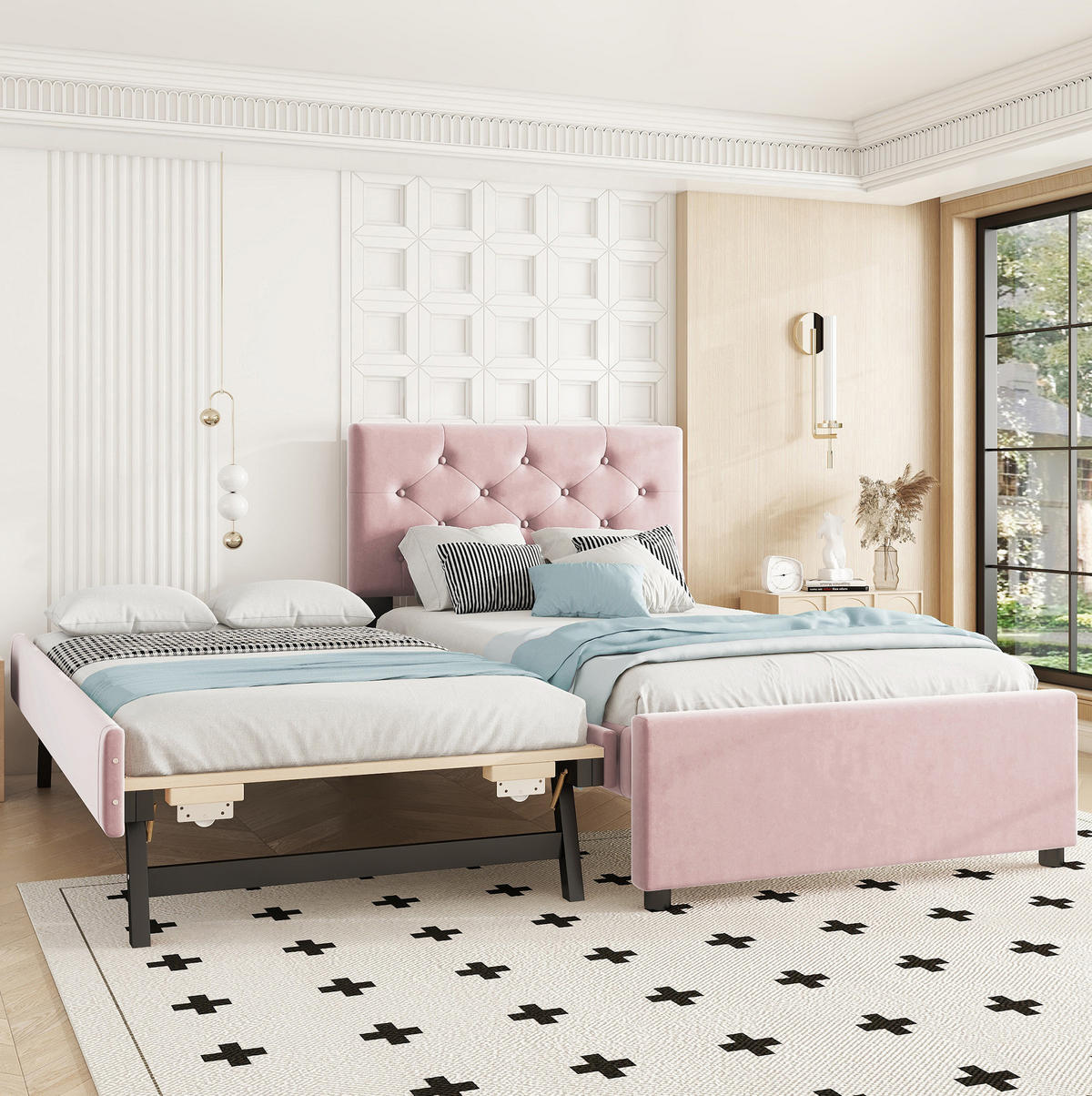 BETT mit Rollbett und Lattenrost 90x200 cm Samt Pink - Pink, Metall (90/200cm) - Meubliv