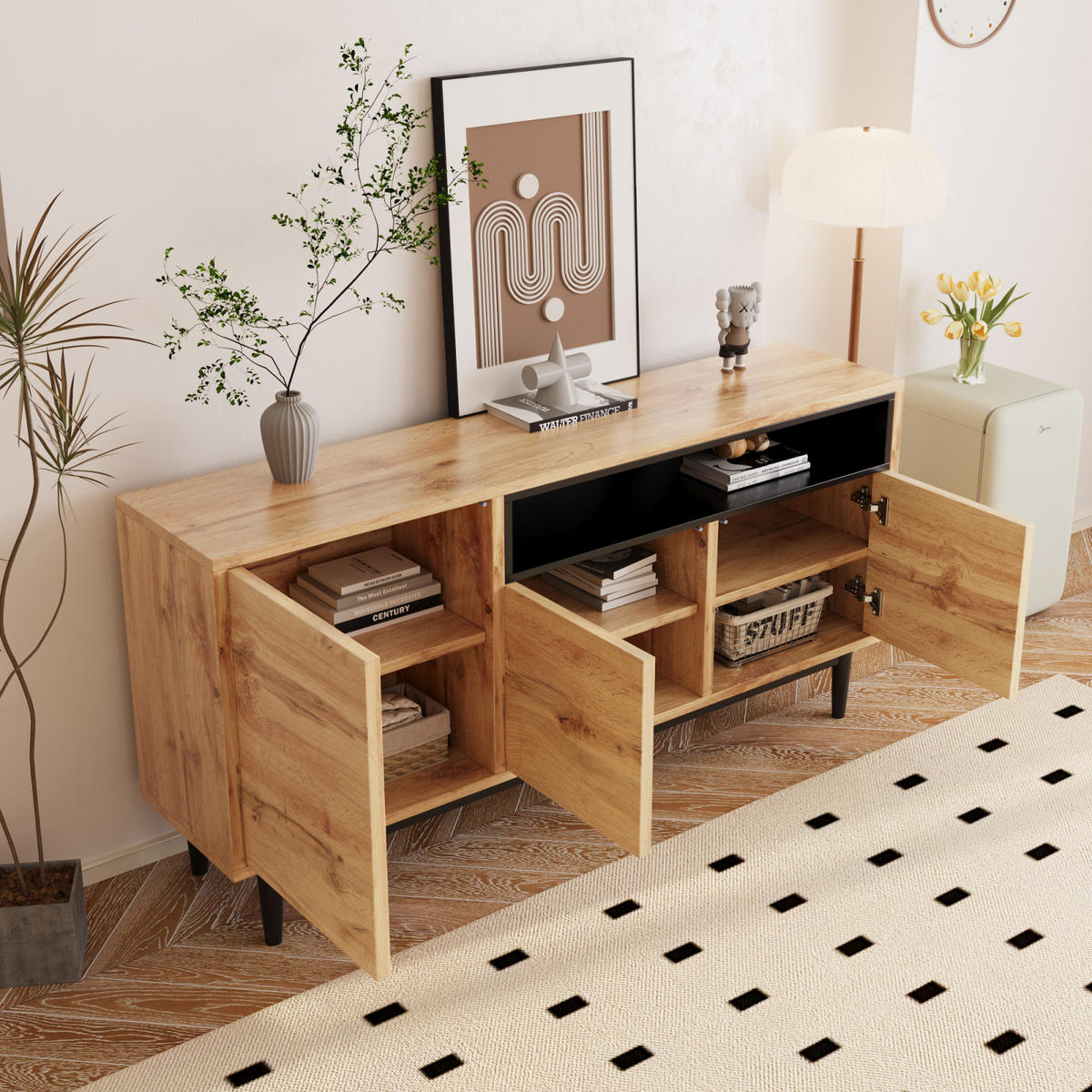 SIDEBOARD Naturfarben, 3 Türen, Regale, Schubladen - Kastanienfarben, Holz (160/76/35cm)