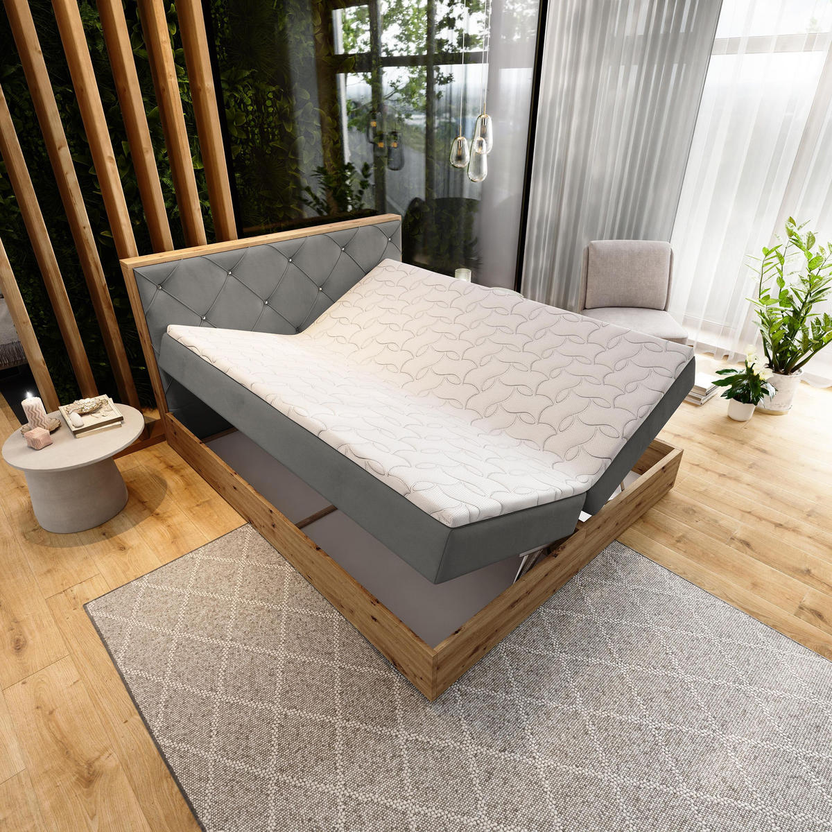 BOXBETT FOSCO 180x200 cm mit Matratze und Topper - Grau - Grau, Holz (180/200cm) - MASSENO