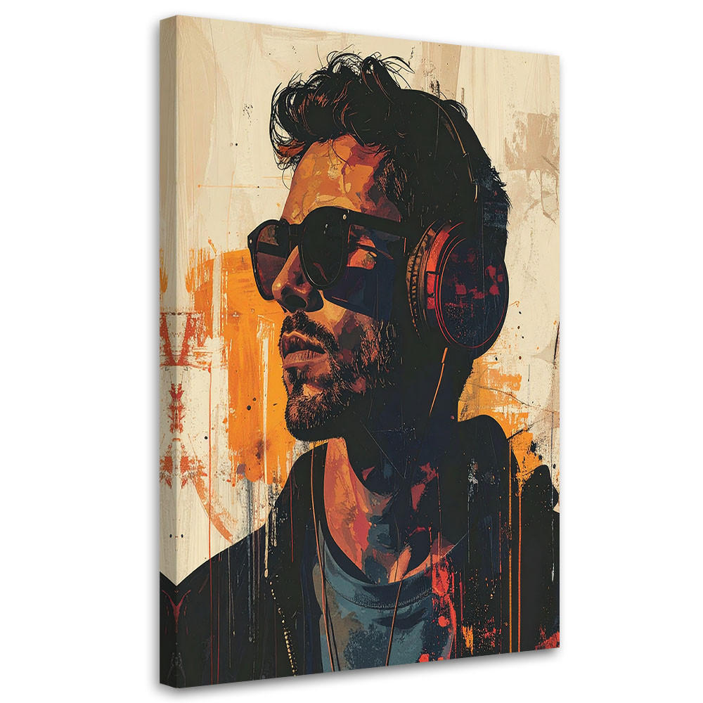 BILD auf Leinwand, Abstraktr Mann mit Kopfhörer und Brille - Orange, Textil (40/60cm) - Feeby