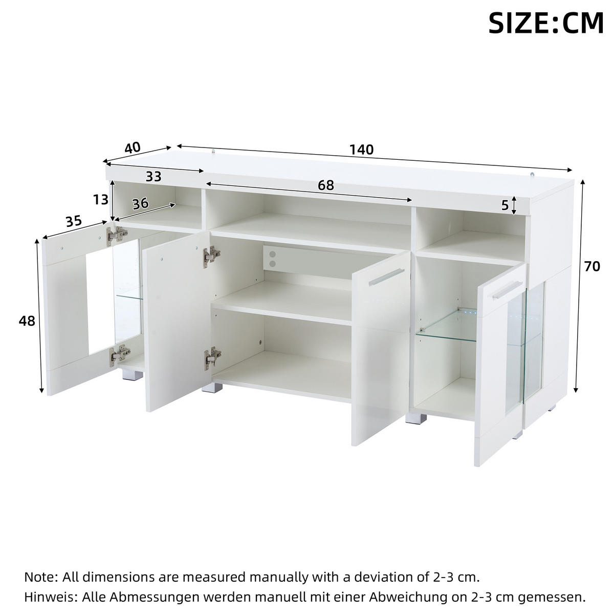 SIDEBOARD 140/40/70 cm in Weiß Hochglanz mit LED, Glastüren & 3 Schubladen - Weiß, Holzwerkstoff (140/70/40cm) - BEAOK