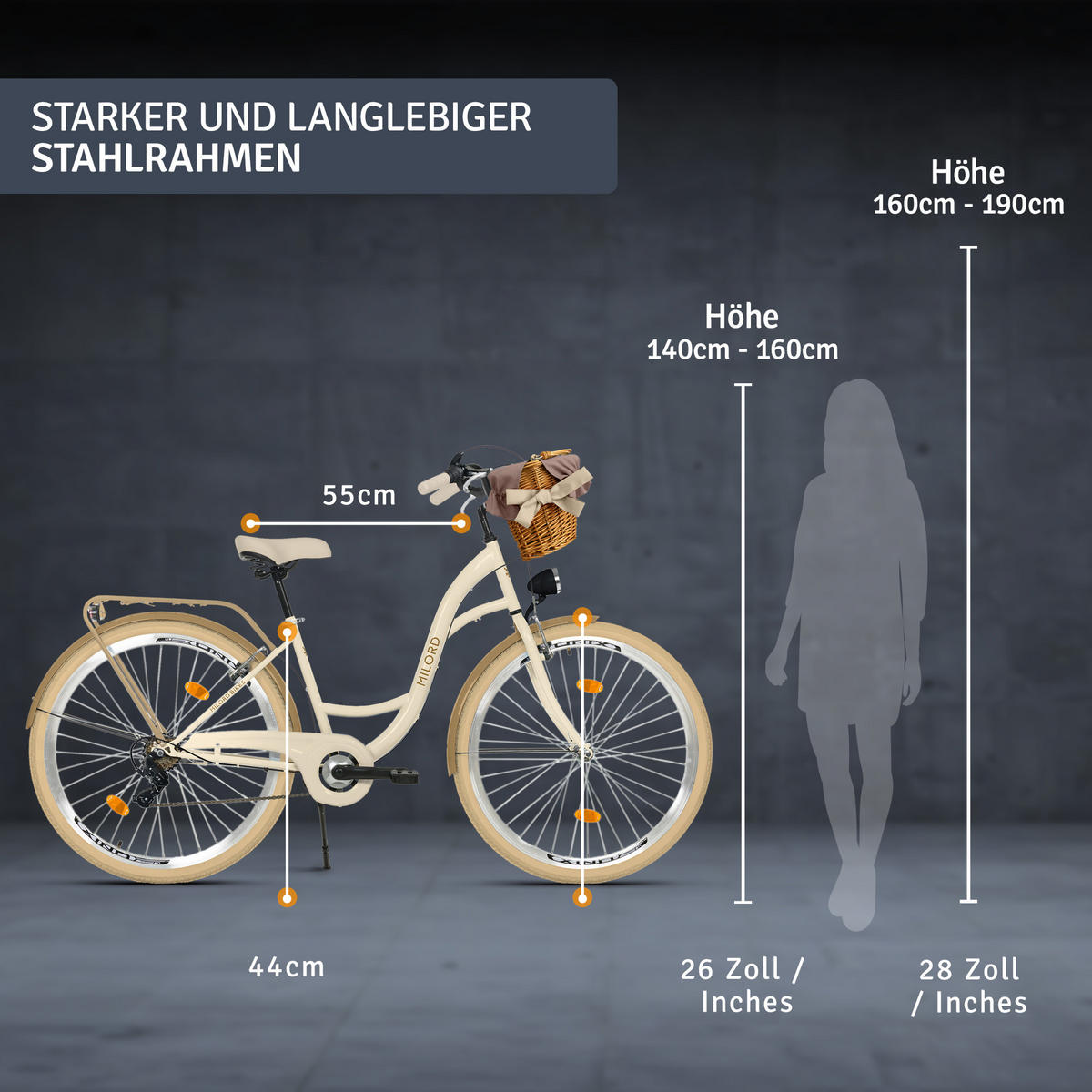 CITY-FAHRRAD Milord mit Weidenkorb, 28 Zoll, Creme-Braun, 7-Gang - Creme/Braun, Metall (46cm) - Milordbikes