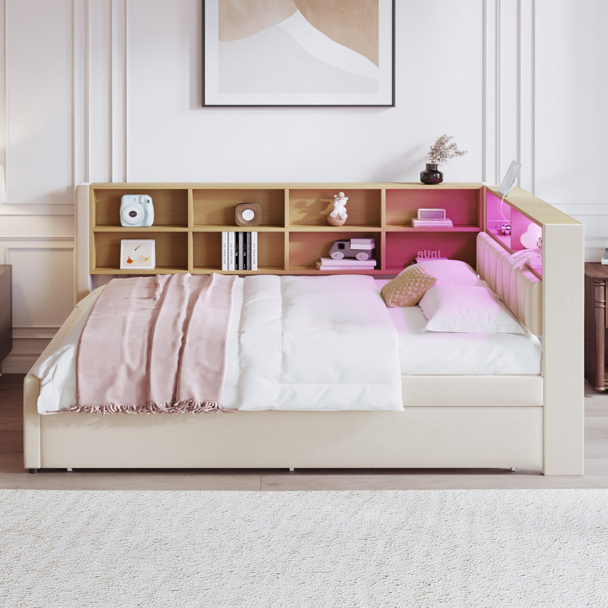 BETT mit Ausziehbett 140/200 cm & 90/190 cm mit LED-Beleuchtung und USB-Anschlüssen Flanell Beige - Beige, Textil (140/200cm) - OKWISH