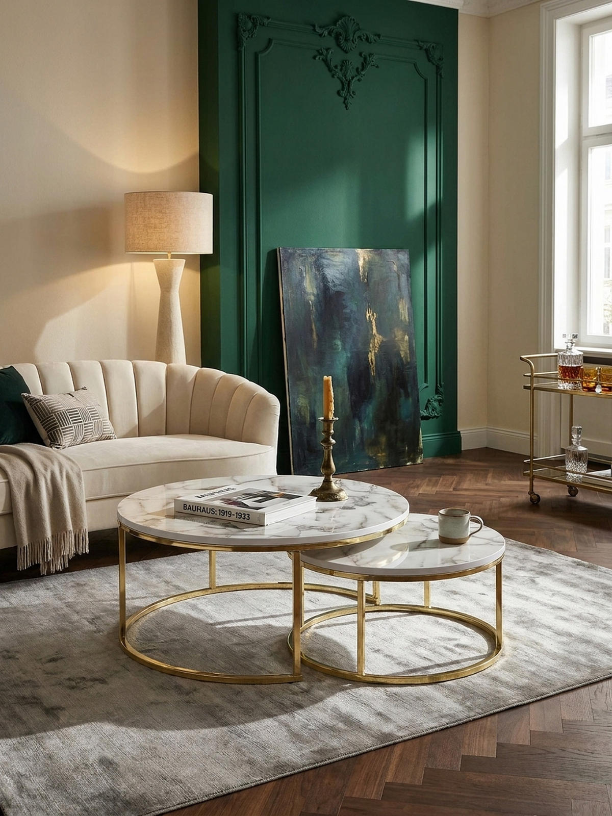 COUCHTISCH 2er Set Marmoroptik Metall Eichenholz Ineinanderschiebbar, Gold 80x80x36 cm - Goldfarben, Holz/Metall (80/80/36cm) - KADIMA DESIGN
