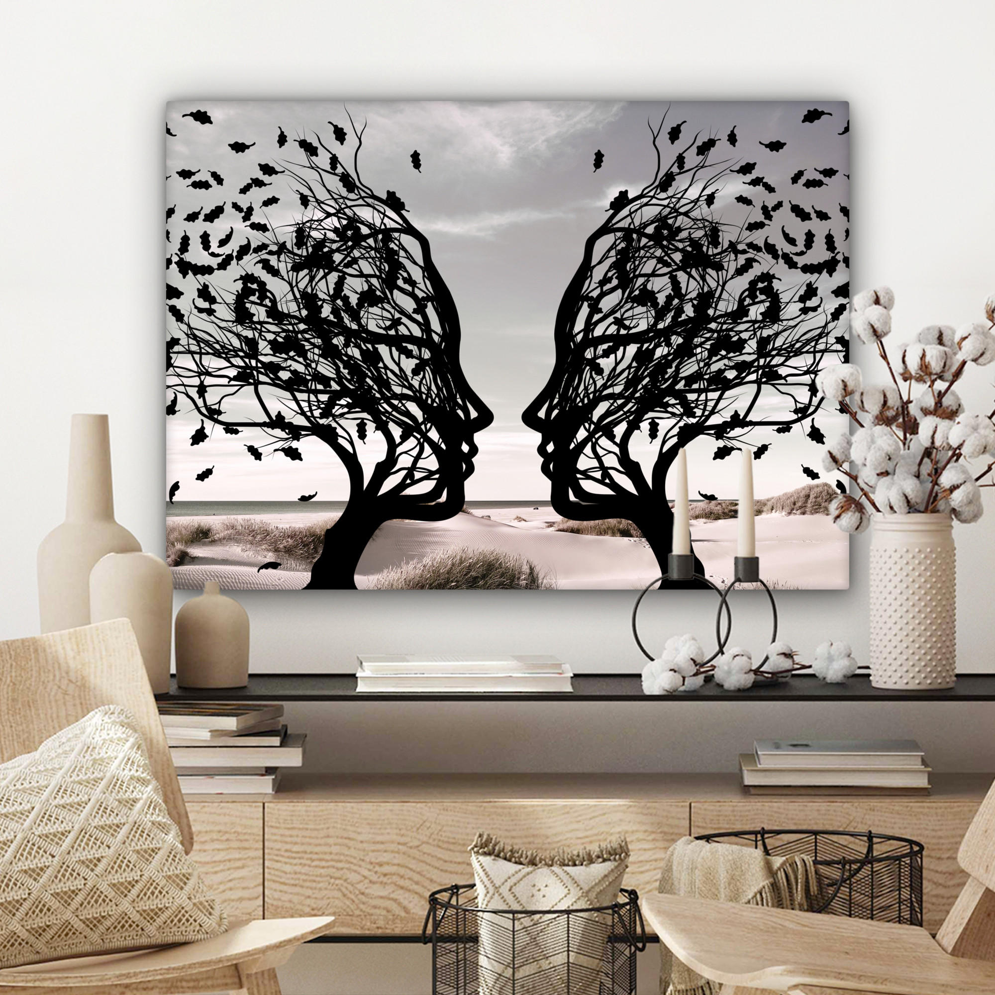 LEINWANDBILD Strand - Meer - Menschen - Baum - Moderne Kunst Wandbilder 80x60 cm - Hellgrau, Textil (80/60cm) - MuchoWow