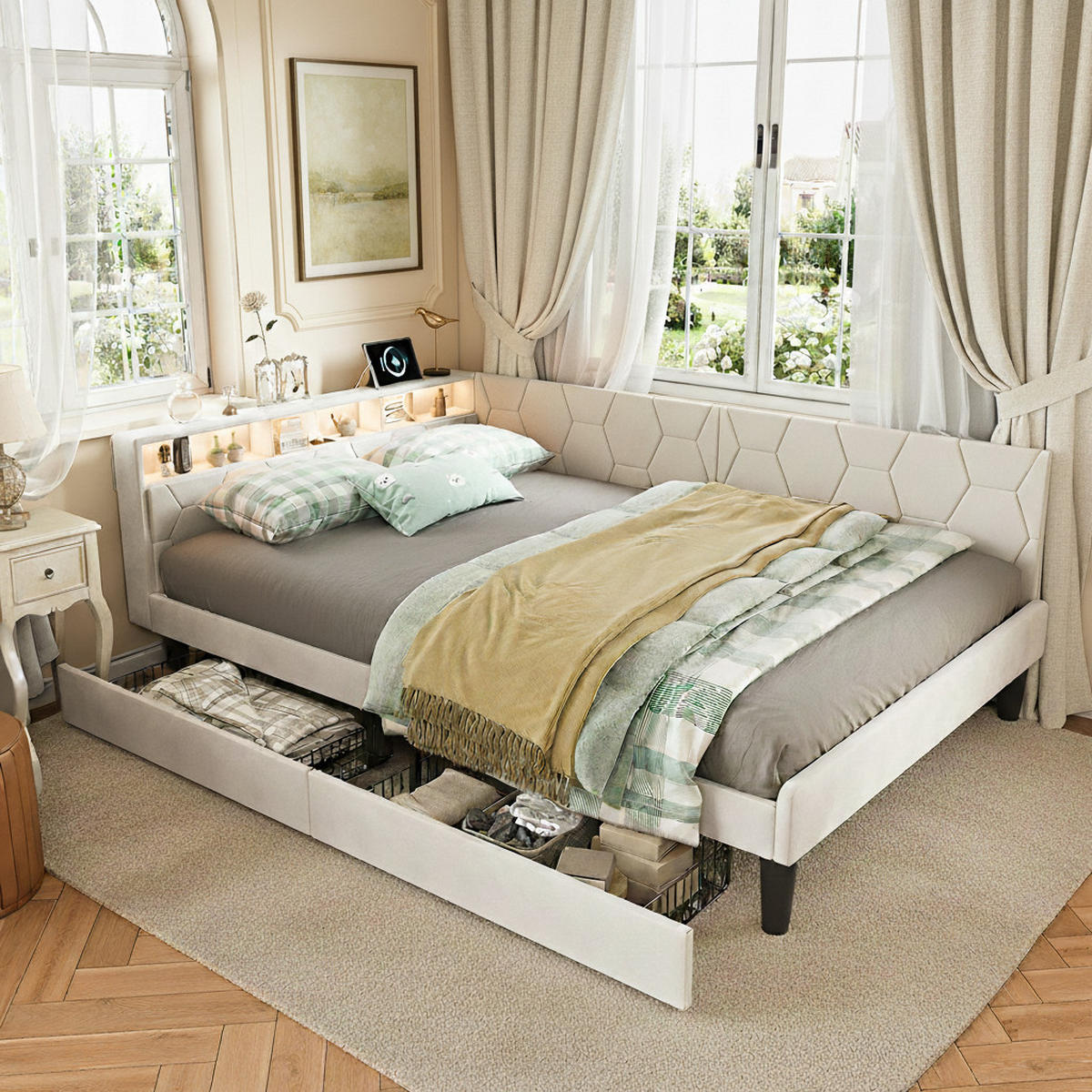 POLSTERBETT 140x200 cm mit 2 Schubladen, LED-Kopfteil und Stauraum, USB- und Typ-C-Ladefunktion, Lattenrost, Samtstoff - Beige - Beige, Holzwerkstoff (140/200cm) - Brevoria