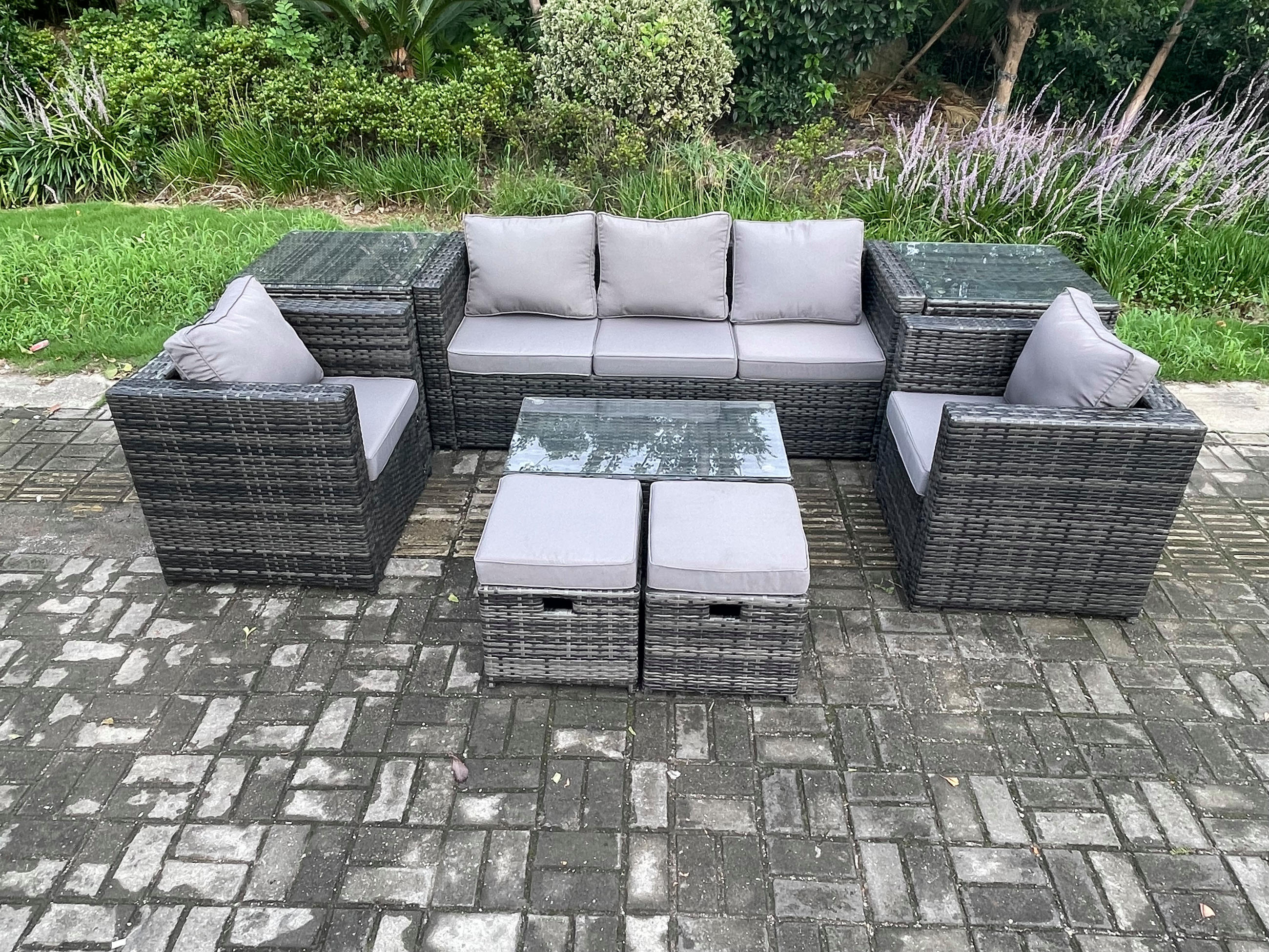 GARTENSOFA SET Polyrattan Dunkelgrau 7-Sitzer - Dunkelgrau, Metall - Fimous