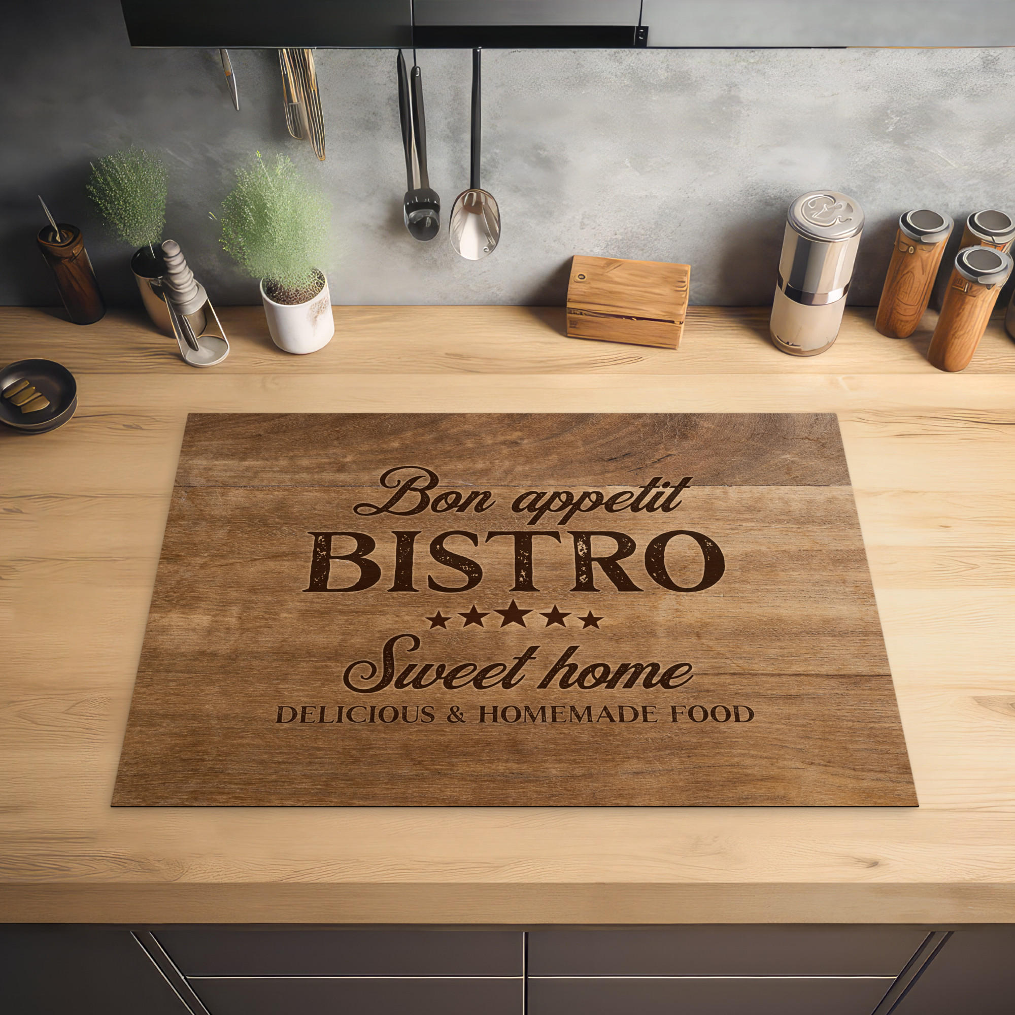 HERDABDECKPLATTE Zitat - Bistro - Guten Appetit - Süßes Zuhause - Holzmaserung 75x52 cm - Braun, Kunststoff (75/0.2/52cm) - MuchoWow