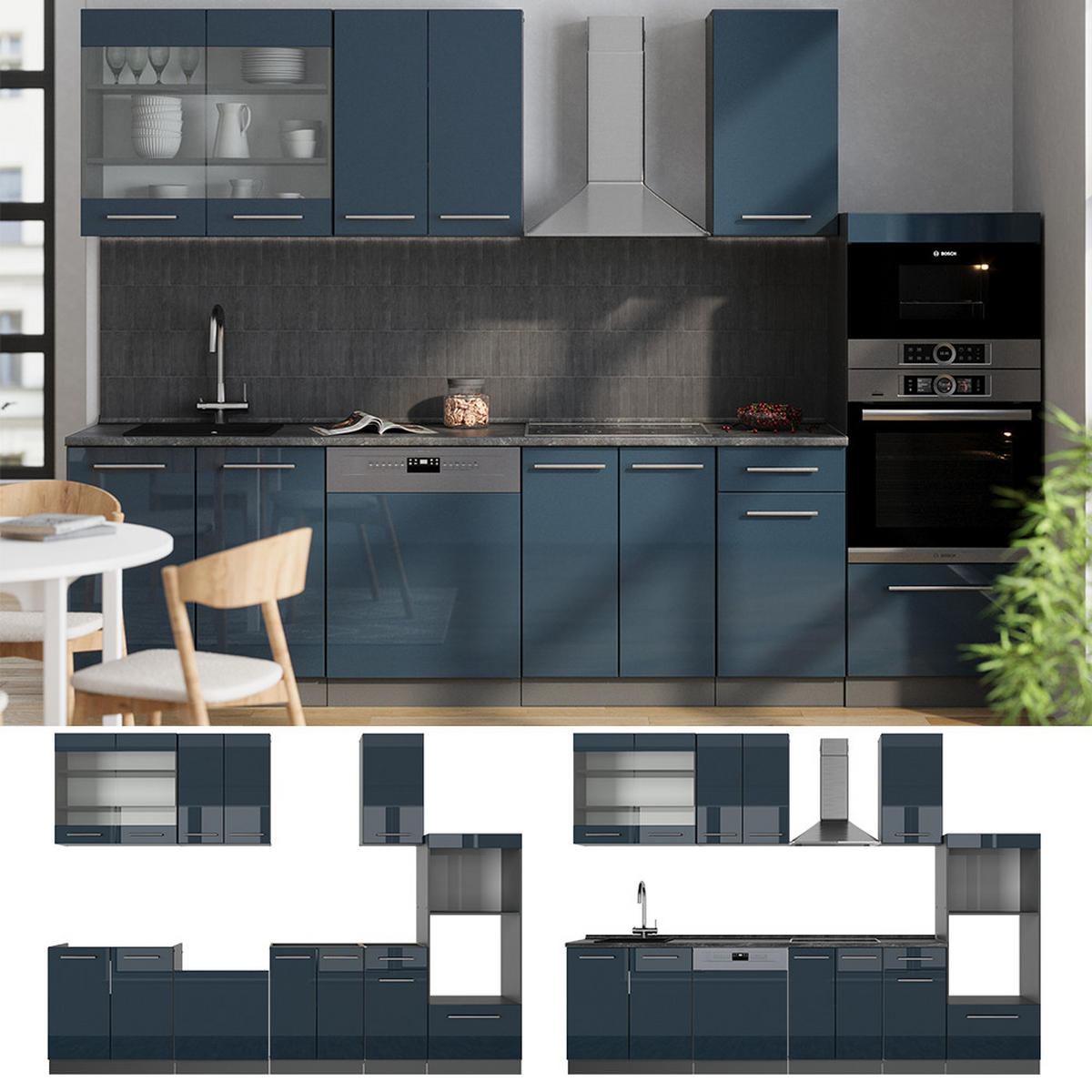 KÜCHENZEILE Fame-Line Dunkelblau Hochglanz/Anthrazit 300 cm AP Marmor - Anthrazit/Dunkelblau, Holzwerkstoff (300/81.6/60cm) - Vicco