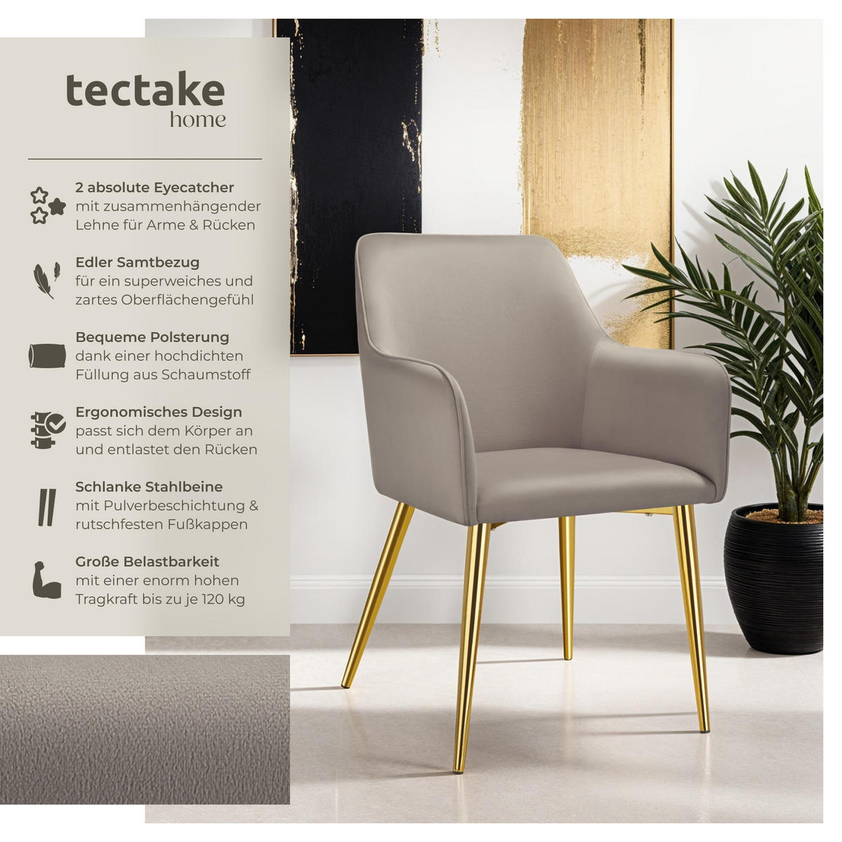 ARMLEHNSTUHL 2er Set Avane 55 x 63 5 x 86 5 cm taupe - Taupe, Textil (55/86.5/63.5cm) - tectake