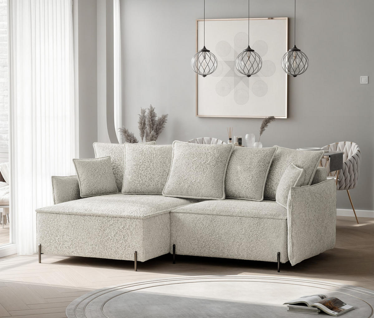 ECKSOFA MARCO Links, mit Schlaffunktion und Bettkasten, Creme - Creme, Textil/Metall (221/148cm) - Idohome