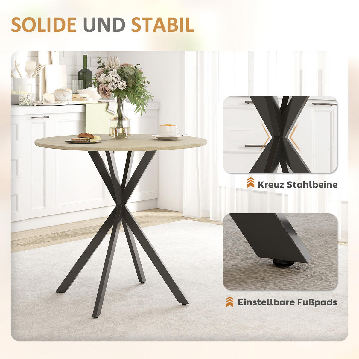 ESSTISCH für 2 Personen, Weiße Eiche - Sonoma Eiche, Metall (80/80/75cm) - HOMCOM