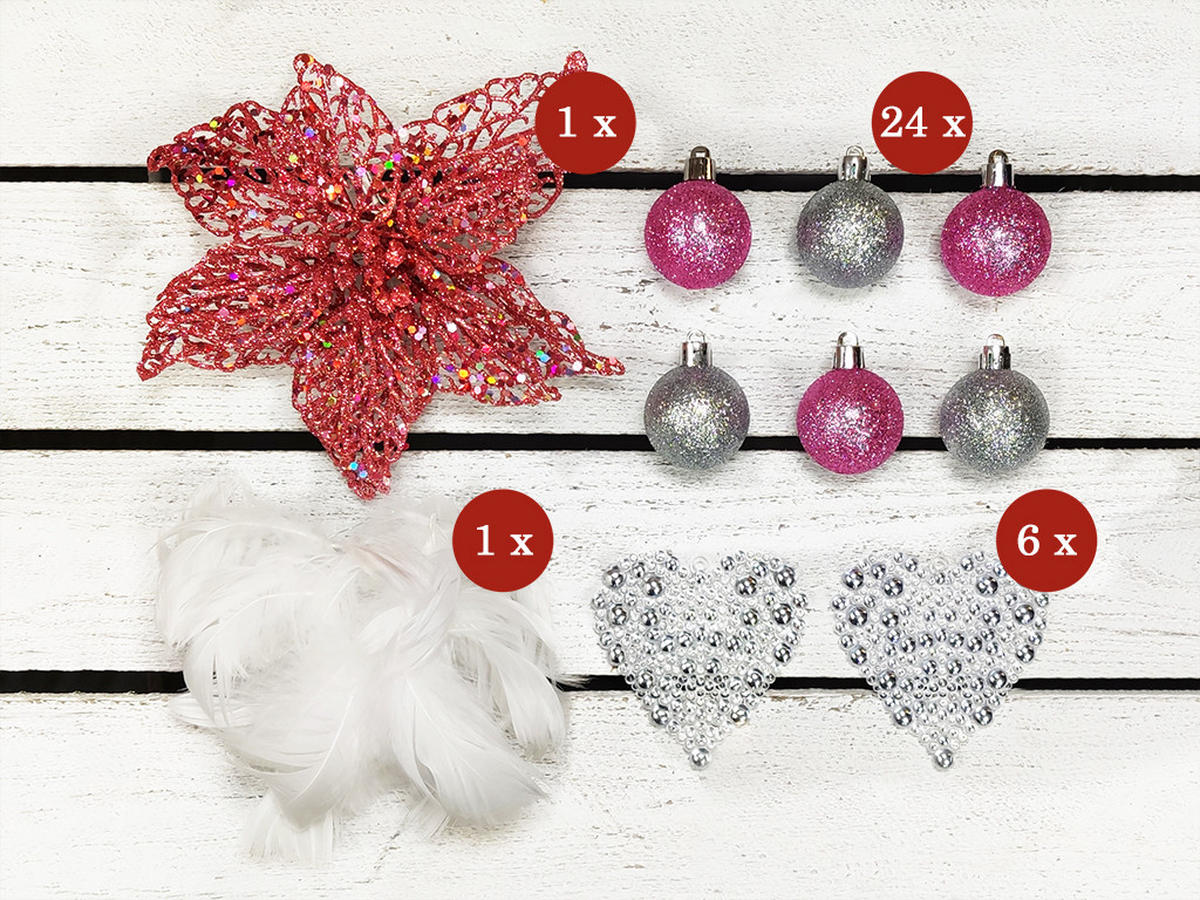 WEIHNACHTSBAUM künstlicher 60 cm mit LED-Beleuchtung, PERLENHERZ, mit 32 Weihnachtsbaumschmuck, Pflanztopf mit Jutesack - Pink/Silberfarben, Kunststoff/Stein (40/60cm) - LAALU
